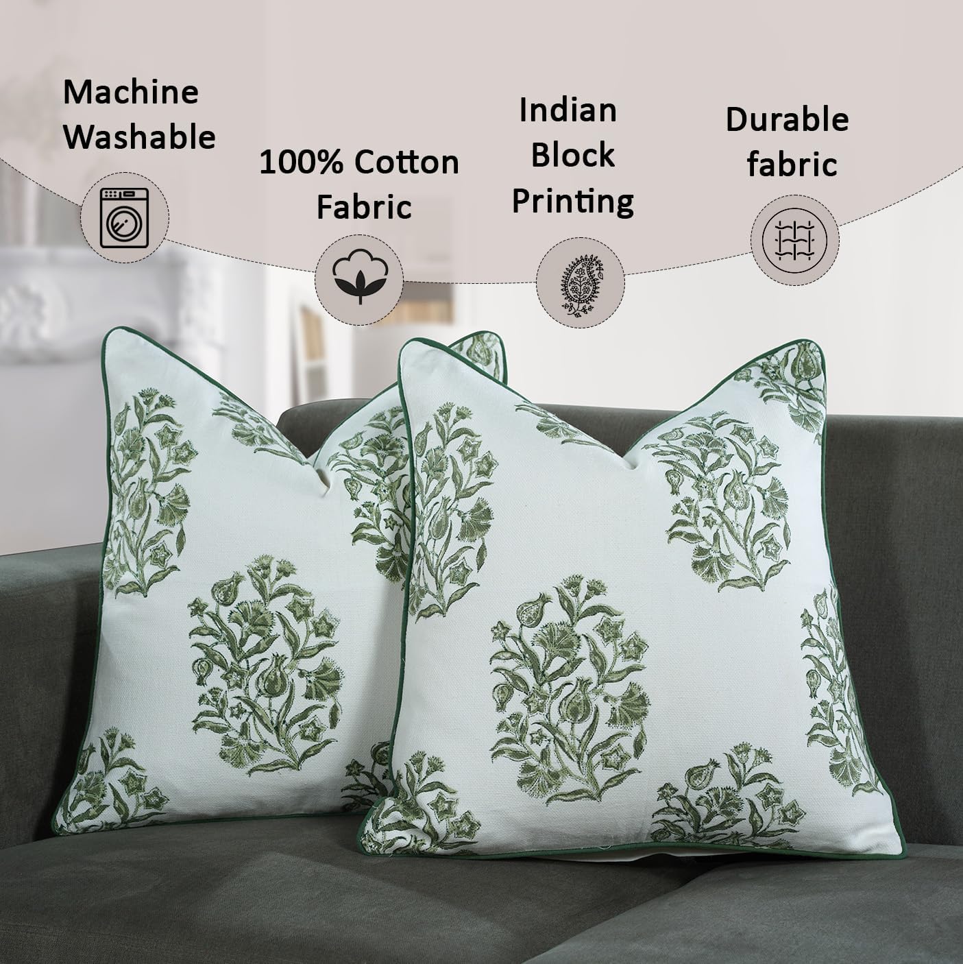CPC Sage Green Block Print Throw Cushion Cover 18 x 18 Inch Set 2 - Decorative Boho Floral Pillow Case for Living Room, Bed, Sofa, Couch, Home Decor Cushion Cover Gift for Spring, Mother's Day