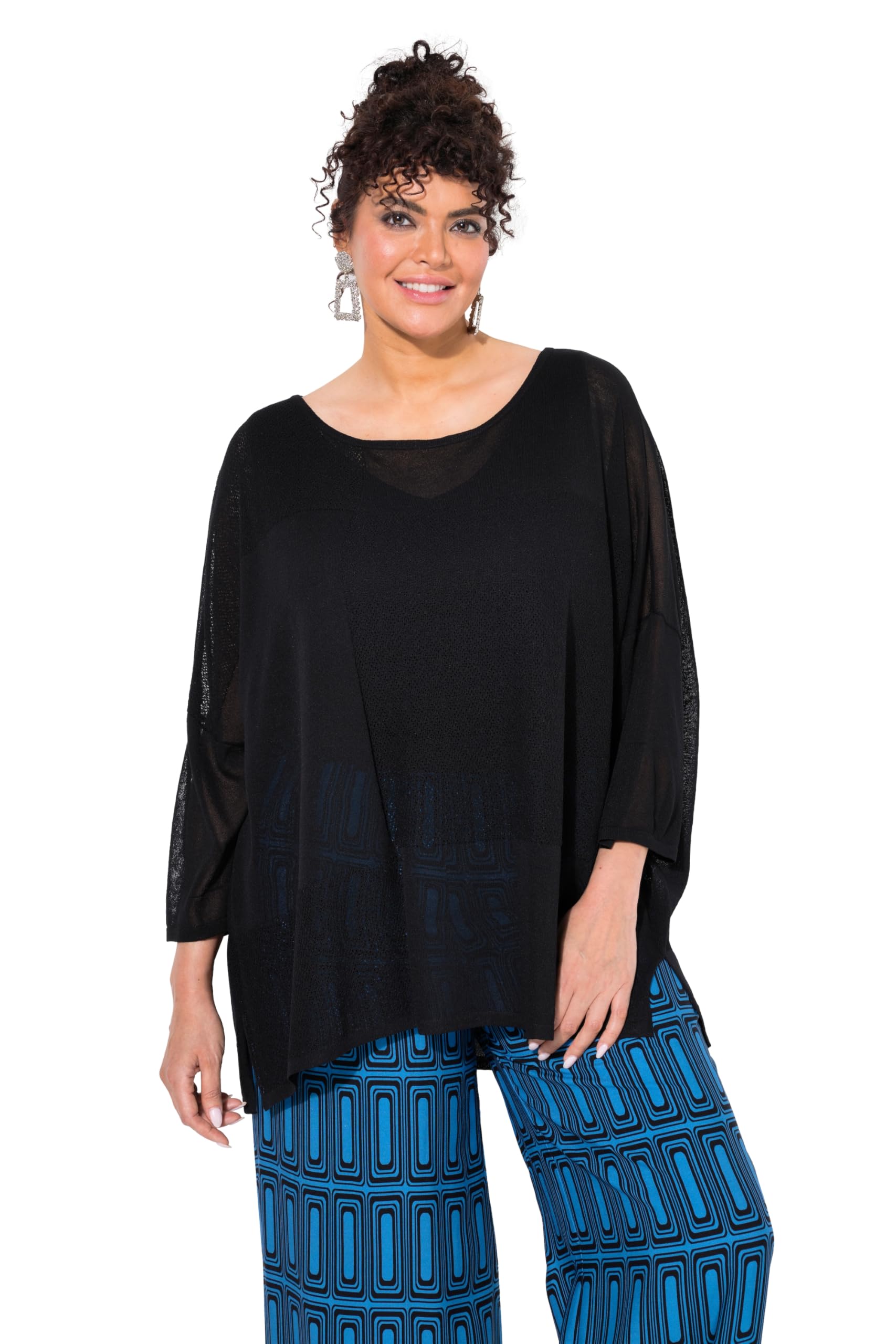 Ulla Popken Damen große Größen Übergrößen Plus Size Pullover, Karostruktur, Oversized, Rundhals, Halbarm 838410