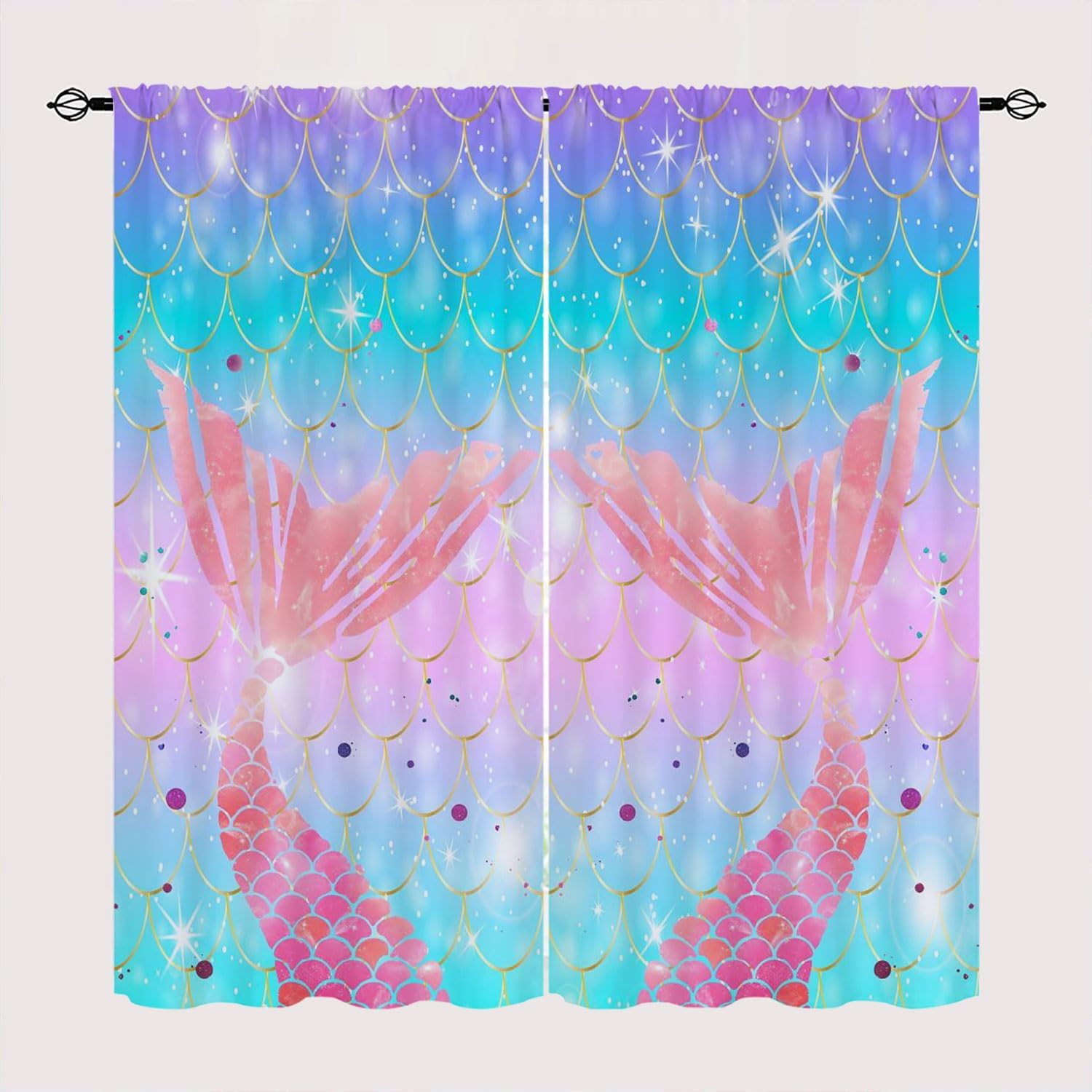 Mermaid Scales Window Curtains for Kid Girls Boys Bedroom, Cherry Blossoms Koi Pond Fantasy Rod Pocket Thermal Insulated Darkening Curtains for Bedroom Living Room, W42 x L45 Inch