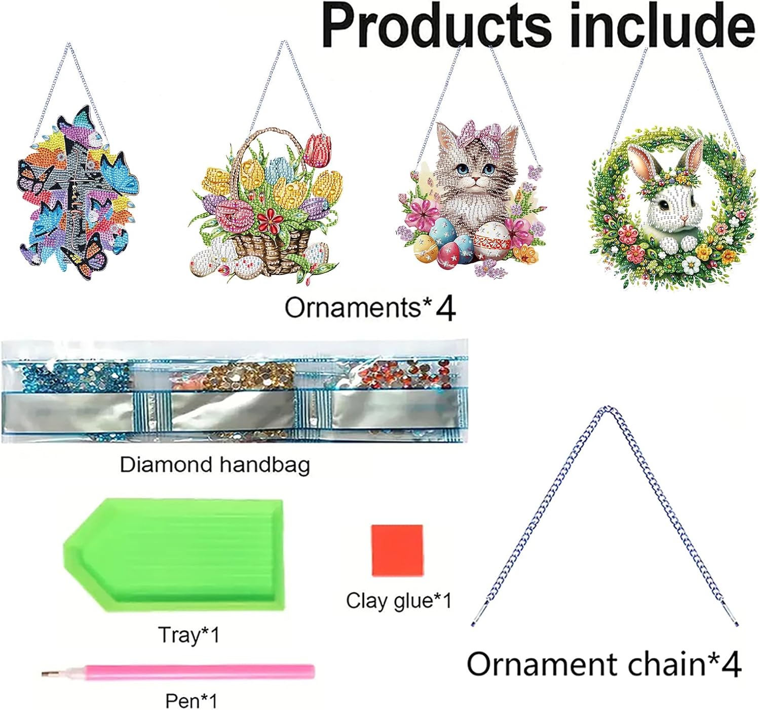 Sulunmo 4Pcs Diamond Art Hanging Kit, Diamonds Art Painting Pendant for Adults, DIY Gem Painting Board Kit for Window Door (Easter)