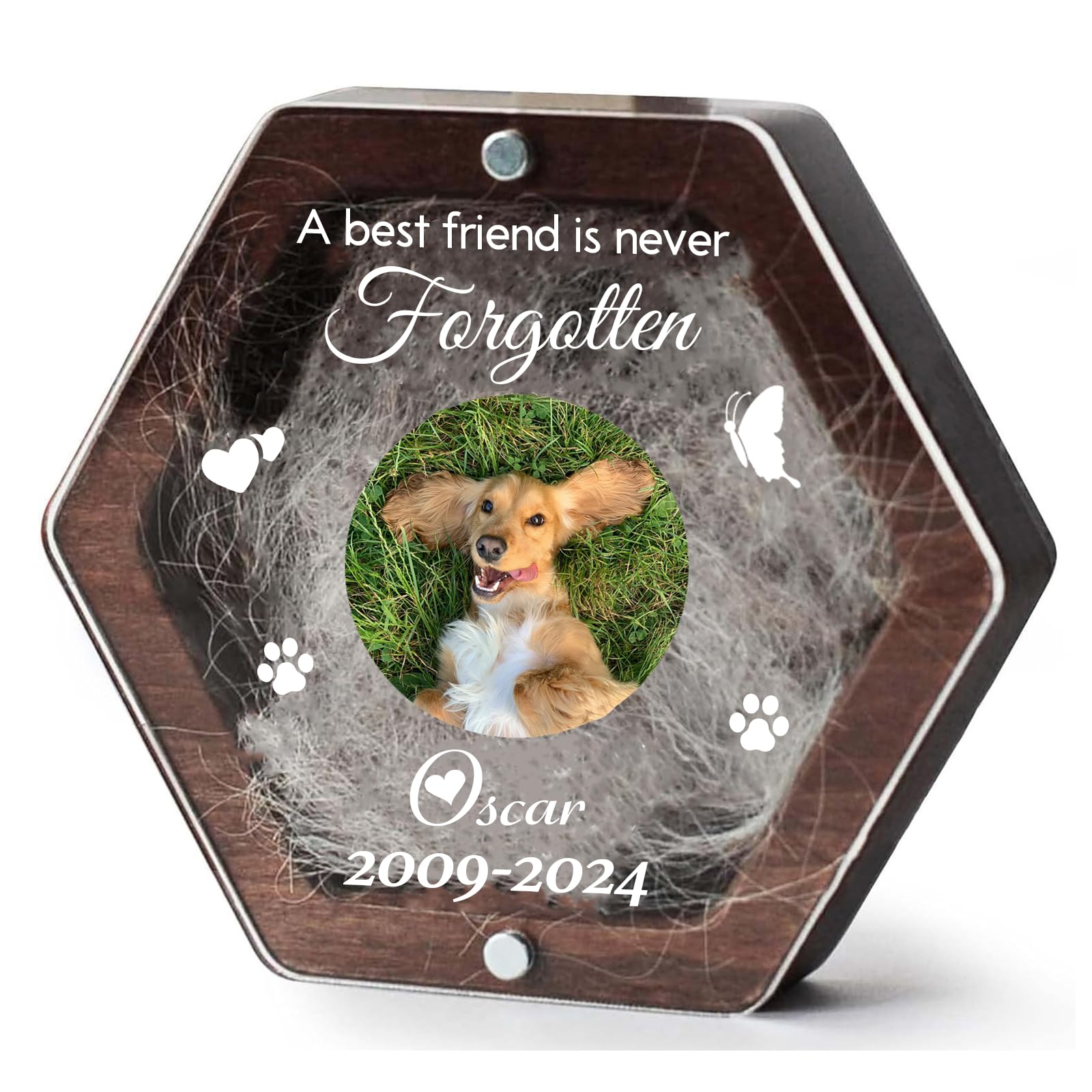 GUANKE Personalised Pet Hair Keepsake Box Customizable Pet Photo With Name Date Loss Sympathy Gifts for Pet Lovers Remembrance for Dogs, Cats, Horses, Small Mammals (Acrylic+Walnut Box)