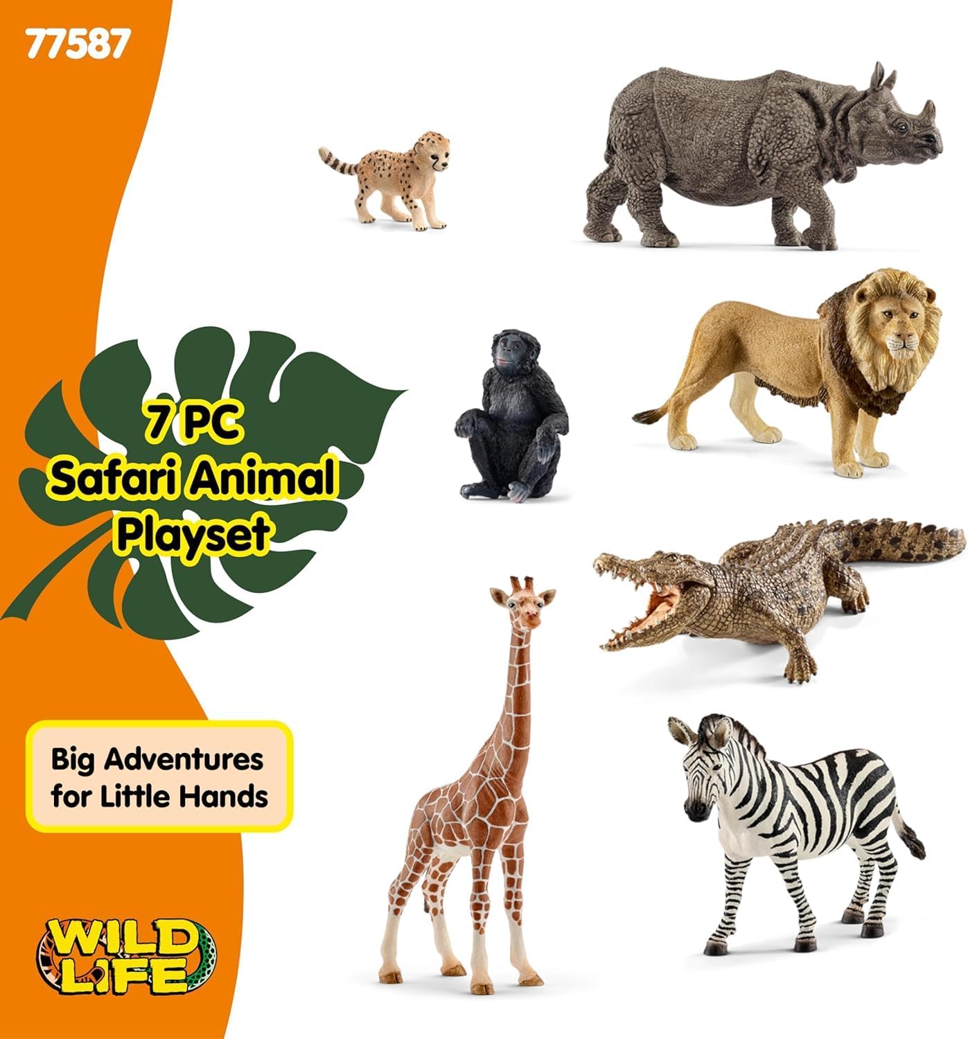 Schleich Wild Life - 7PC Savannah Animal Toy Bundle - Safari Toy Set with Rhino, Crocodile, Cheetah Cub, Monkey, Elephant, Zebra, Giraffe, Lion Figurines - Educational Play for Kids 3+ | 77587