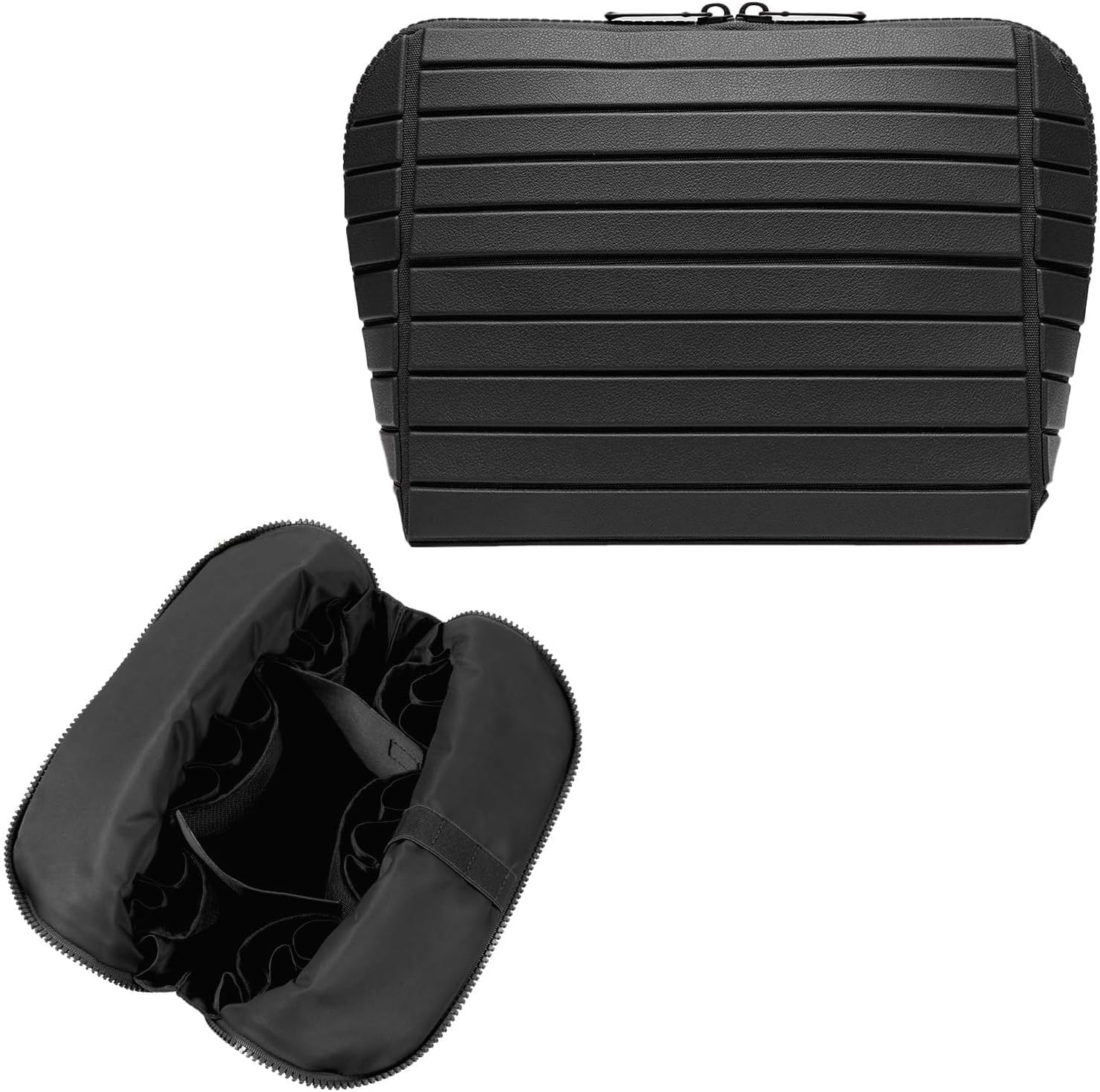 Travel Makeup Organizer Bag with Fold-Down Design and Adjustable Dividers, 27 Pockets & 3 Brush Storage Holders, Large Capacity Cosmetic Bags Toiletry Case(Black)