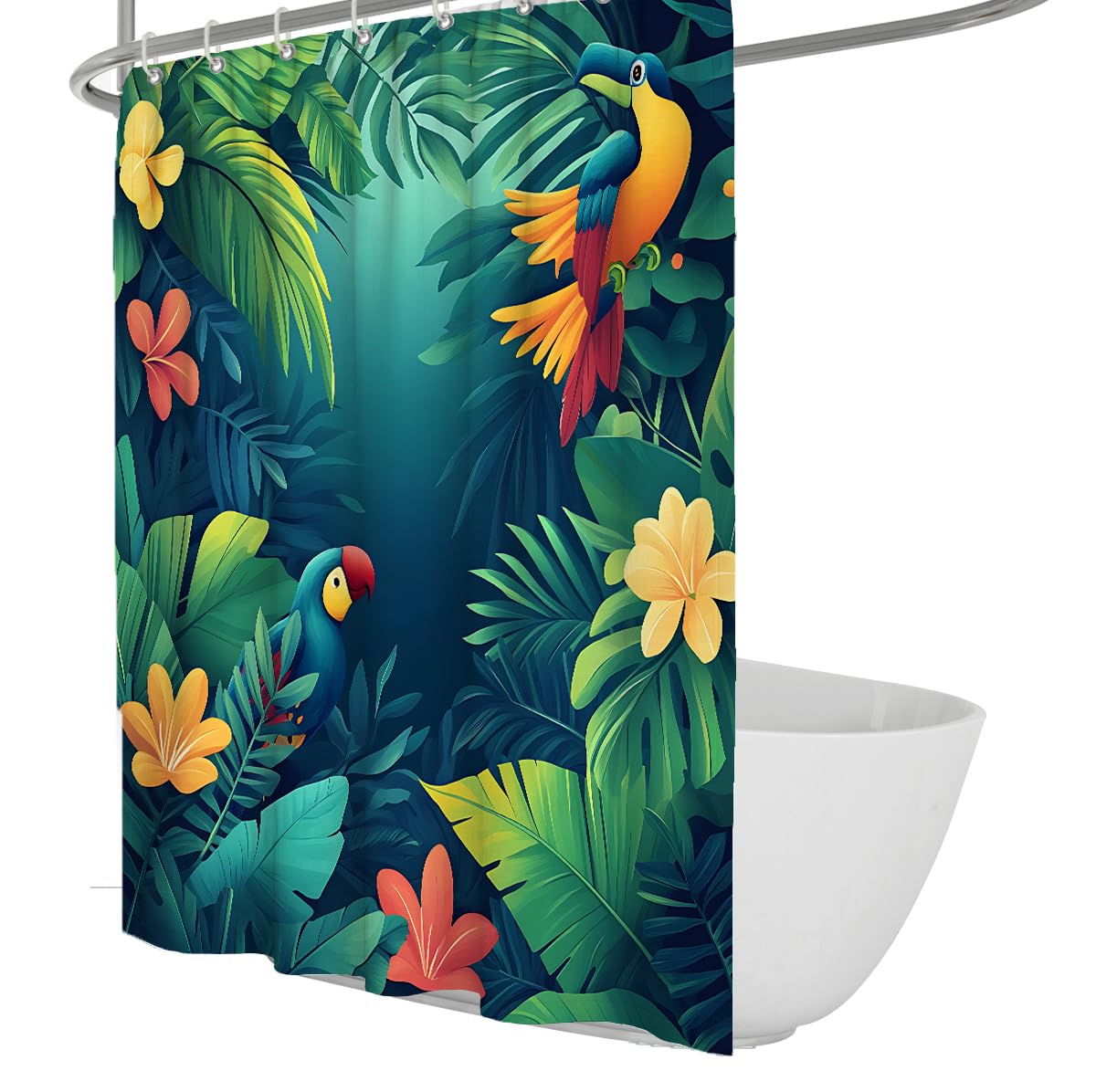 UIRINGART Palm Leaves Jungle Toucan Shower Curtain W90xL180cm Tropical Botanical Polyester Quick Dry Bathroom Drapery Mould Resistant Bath Screen with Hooks