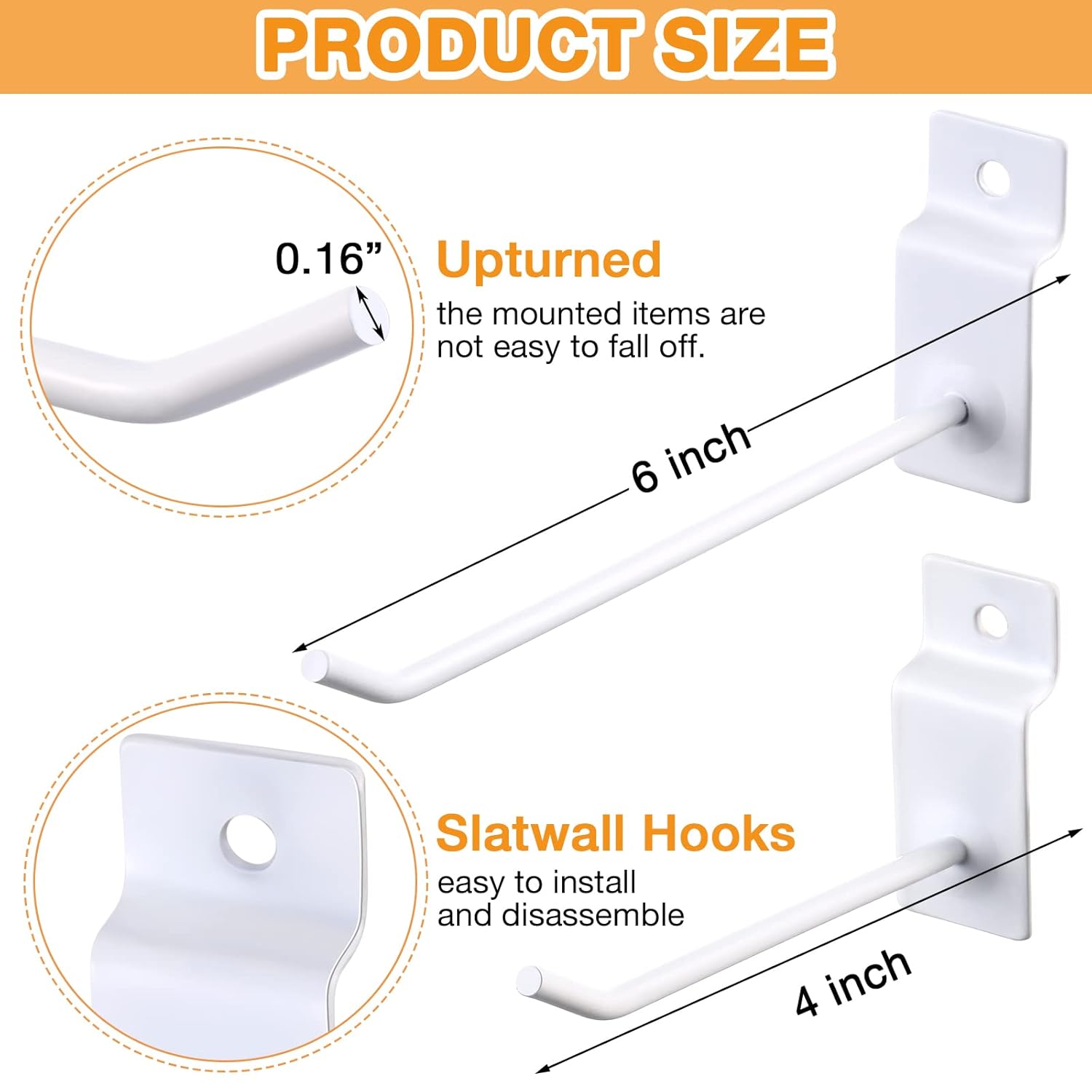 Moxweyeni 50 Packs Slatwall Hooks 4 Inch 6 Inch Slatwall Accessories Metal Slat Wall Hanging Hooks Hangers and Pegs for Xmas Garage Shop Retail Display(White)