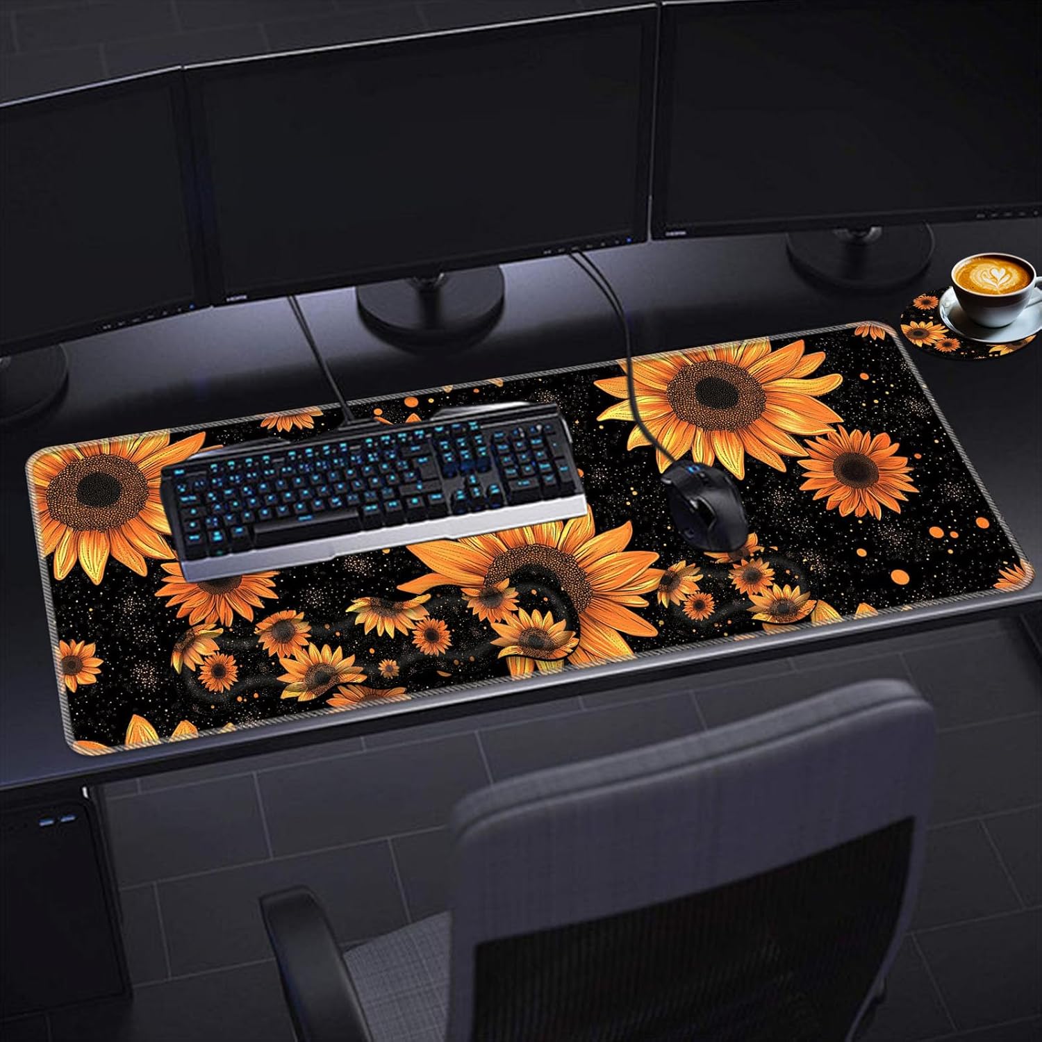 Keyboard Wrist Rest Set,Memory Foam Wrist Support Mouse Pad,31.5"x11.8" Desk Mat for Comfortable Typing & Pain Relief,Non-Slip Base for Office & Home Use - Sunflower