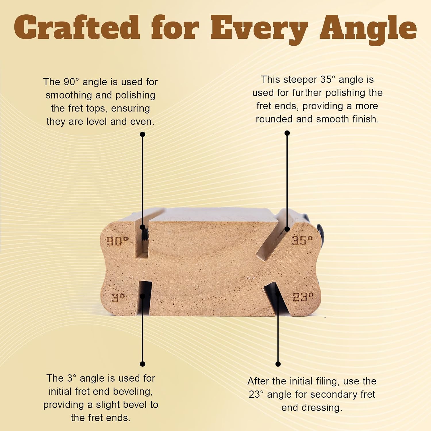 3/23/35/90 Degree Solid Wood Fret End Beveling File – 4 in 1 Guitar Fret Dressing, Crowning, Beveling & End Dressing File Tool – Complete Luthier Kit for Guitar, Bass, Ukulele & Banjo