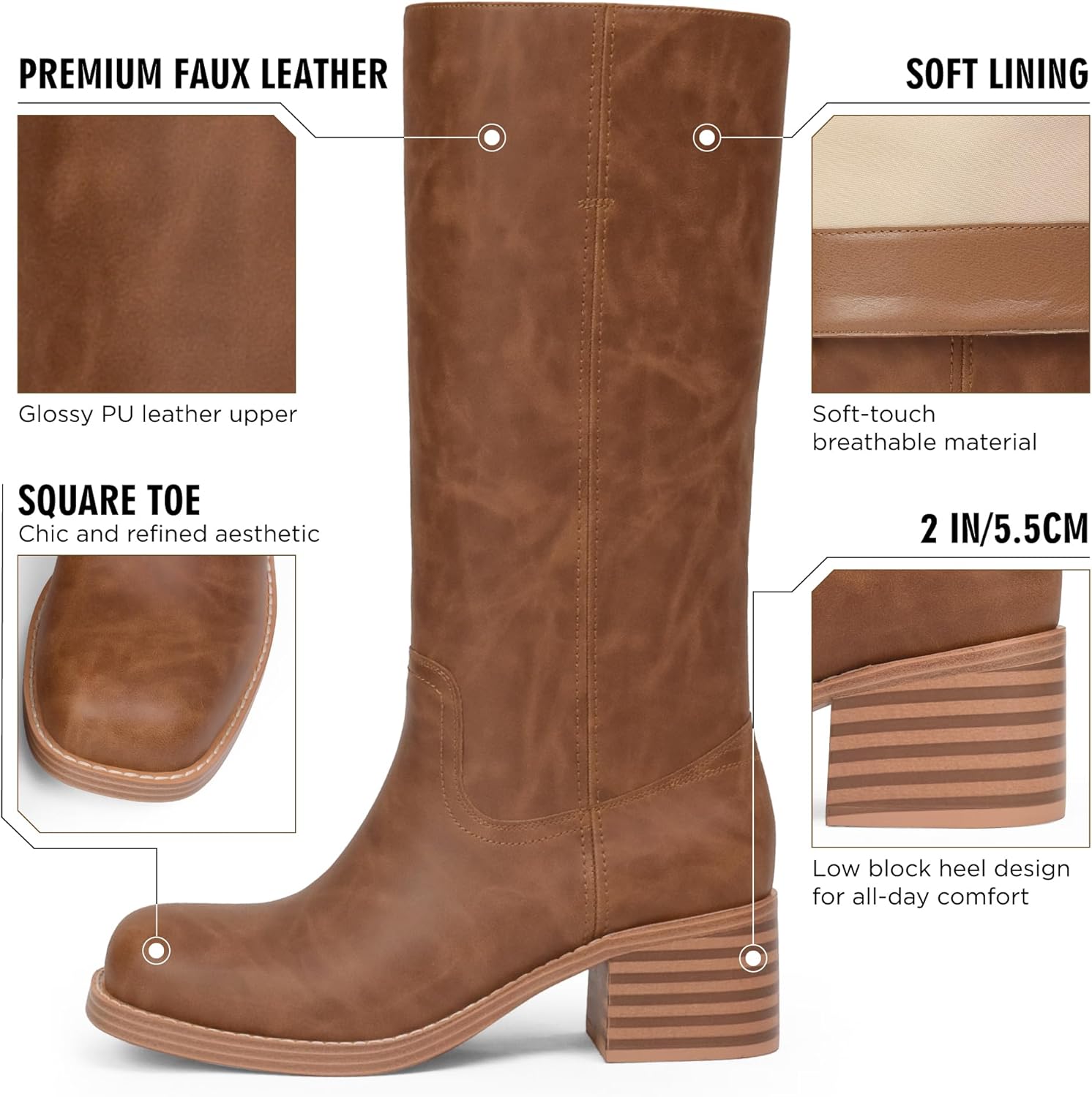 Adolilove Mid Calf Boots for Women Chunky Block Low Heel Square Toe Comfortable Casual Trendy Stylish Boots