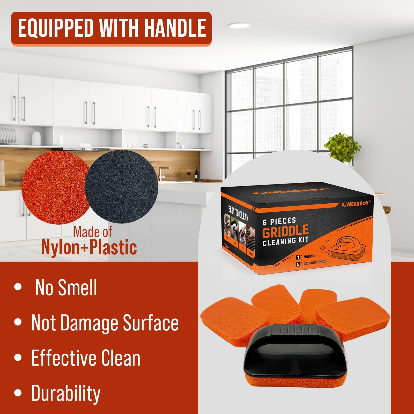 AWEASROY 6-Piece Griddle Cleaning Kit for Blackstone, Flat Top Grill Cleaning Kit Non-Scratch Scouring Pads for Kitchen - 5 Scrubber Pads and 1 Handle