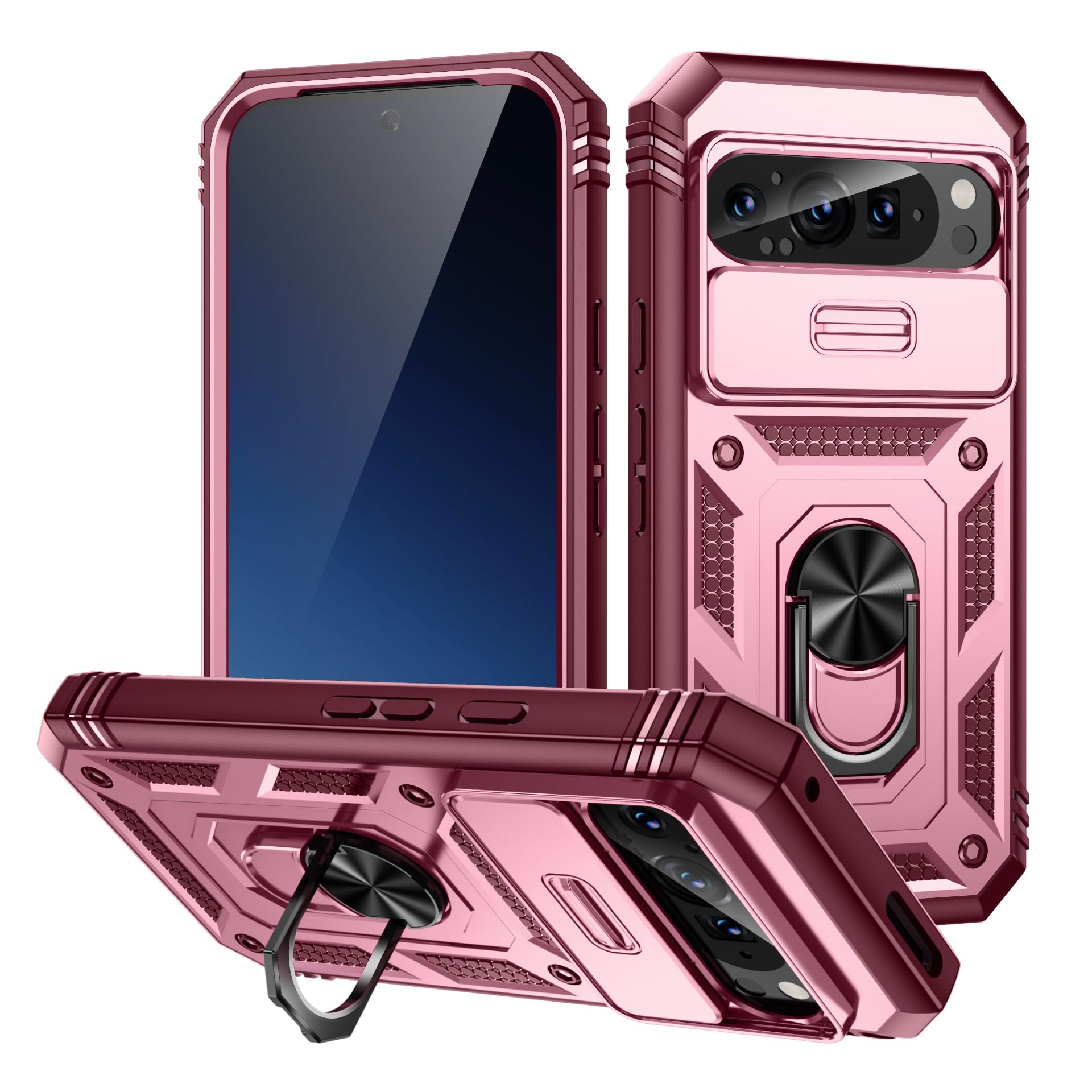 for Google Pixel 9/9 Pro Case Military Grade Drop Shock Protection Cell Phone Cover with Slide Camera Cover Built-in 360° Rotate Ring Stand for Google 9/9 Pro 6.3 -Pink red