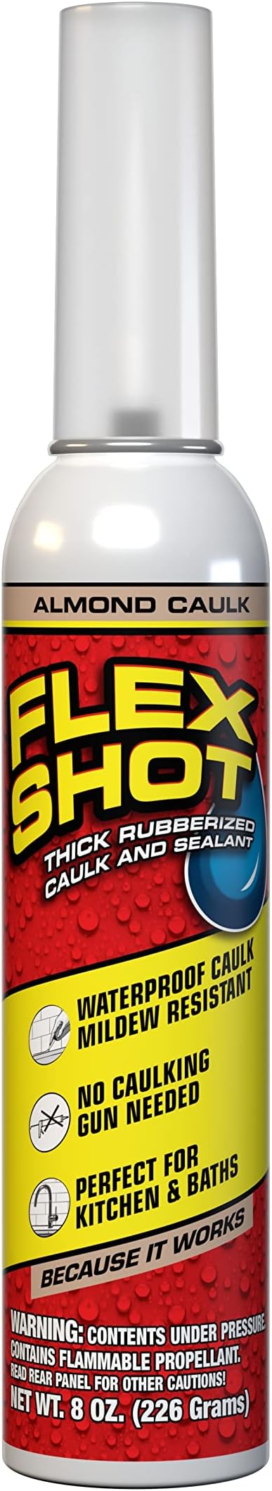 Flex Shot, Flexible Rubber Silicone Sealant, Waterproof Caulk, UV Resistant, No Caulk Gun Needed, Perfect for Kitchen, Bath, Showers, Sinks, Baseboards, Almond, 8oz, 1-Pack