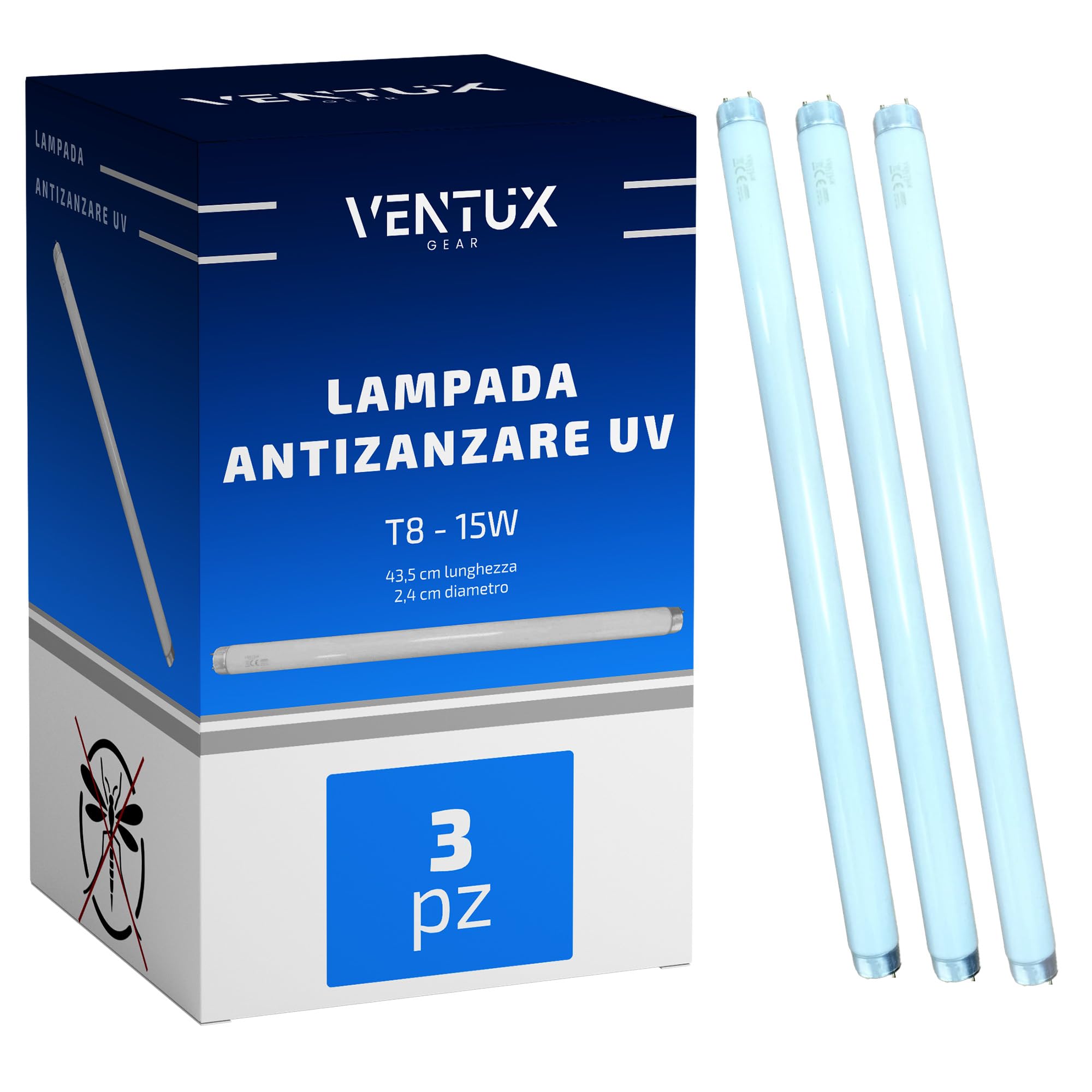 Tubo Neon UV-A Antizanzare T8 15W – 3 Pezzi Attacco G13, 367 nm, Shatterproof, 437 mm, 9.000 Ore Ricambio per Lampade Elettro-Insetticida | Luce attinica UV blu