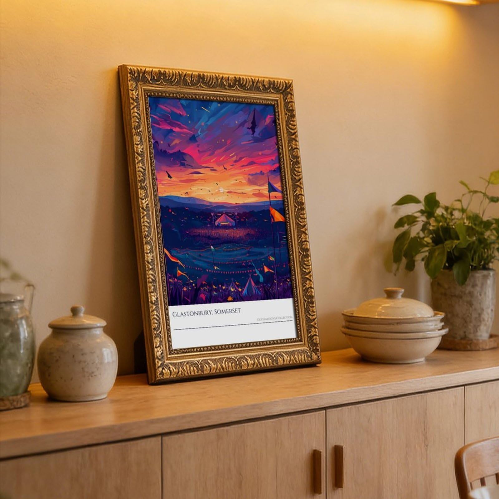 Mnyuein Glastonbury Sunset Poster vibrante festival stampa artistica su tela poster decorazione camera da letto sport paesaggio ufficio camera decorazione regalo retrò cornice oro 40,6 cm L x 61 cm W