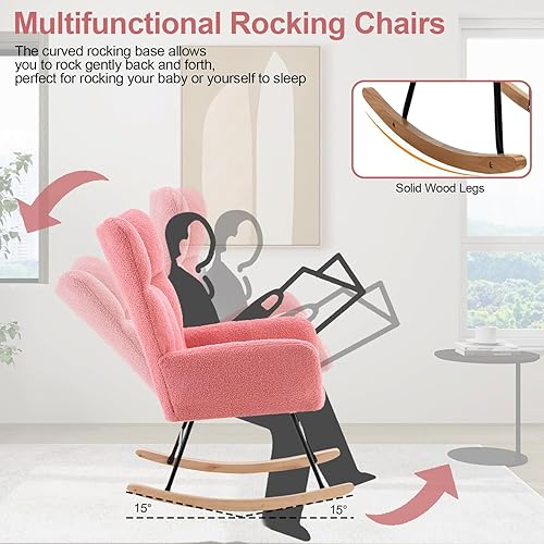 Miniatura 4 de Mecedora para guardería, mecedora tapizada de peluche, con respaldo alto, reposabrazos y cómoda silla auxiliar, mecedora para guardería con base de