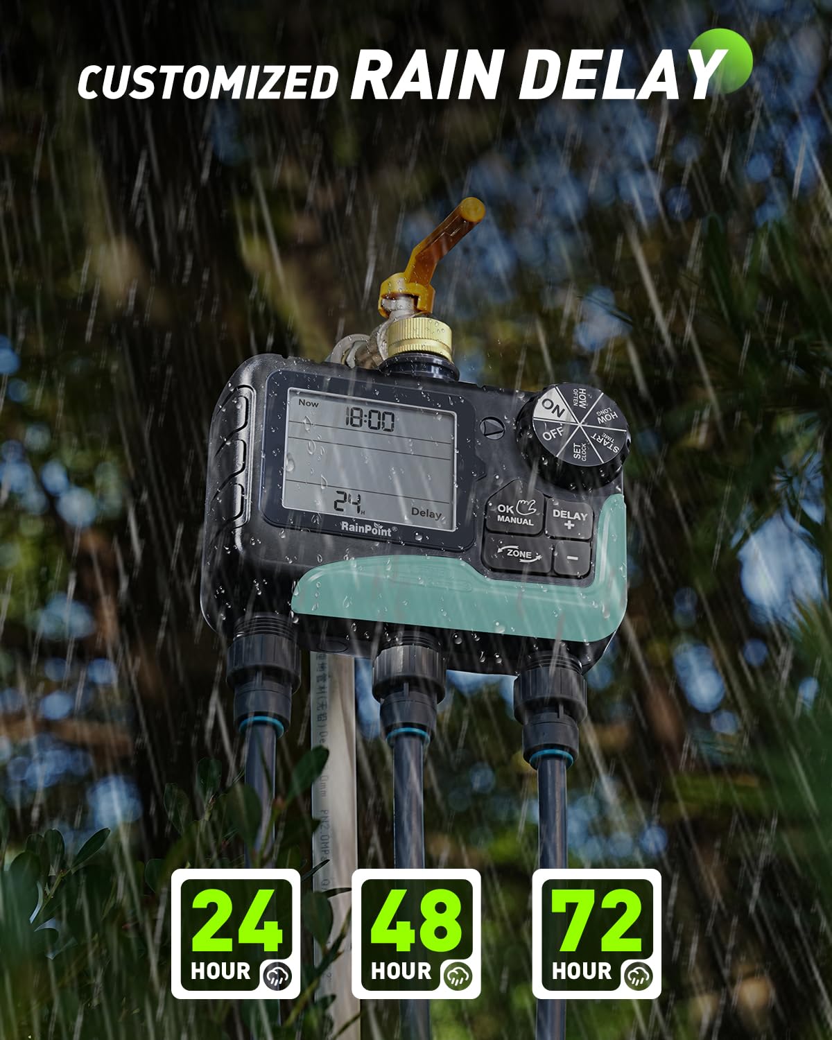 RAINPOINT Timer per irrigazione a 3 zone con ingresso in ottone, timer di irrigazione impermeabile IP65, sistema di irrigazione manuale con ritardo della pioggia con ampio display LCD per cortile