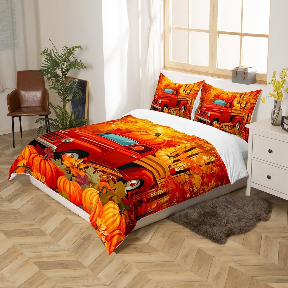 Manfei Fall Pumpkin Kids Duvet Cover Set Twin Size,Truck Autumn Harvest Bedding Set,Girls Boys Adults Bedroom Decor,Maple Leaf Rustic Farmhouse Comforter Cover,Orange Bright Quilt Cover,1 Pillowcase