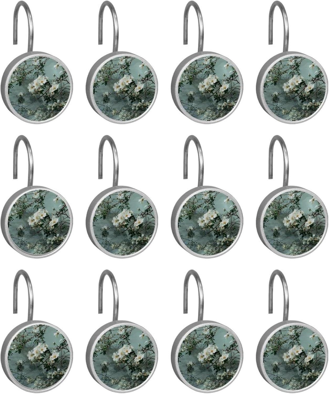 12 Pack Branches and White Flowers (3) Shower Curtain Hooks, Stainless Steel Decorative Shower Curtain Rings for Bathroom, Rust Proof Shower Curtain Hangers for Curtains Rods