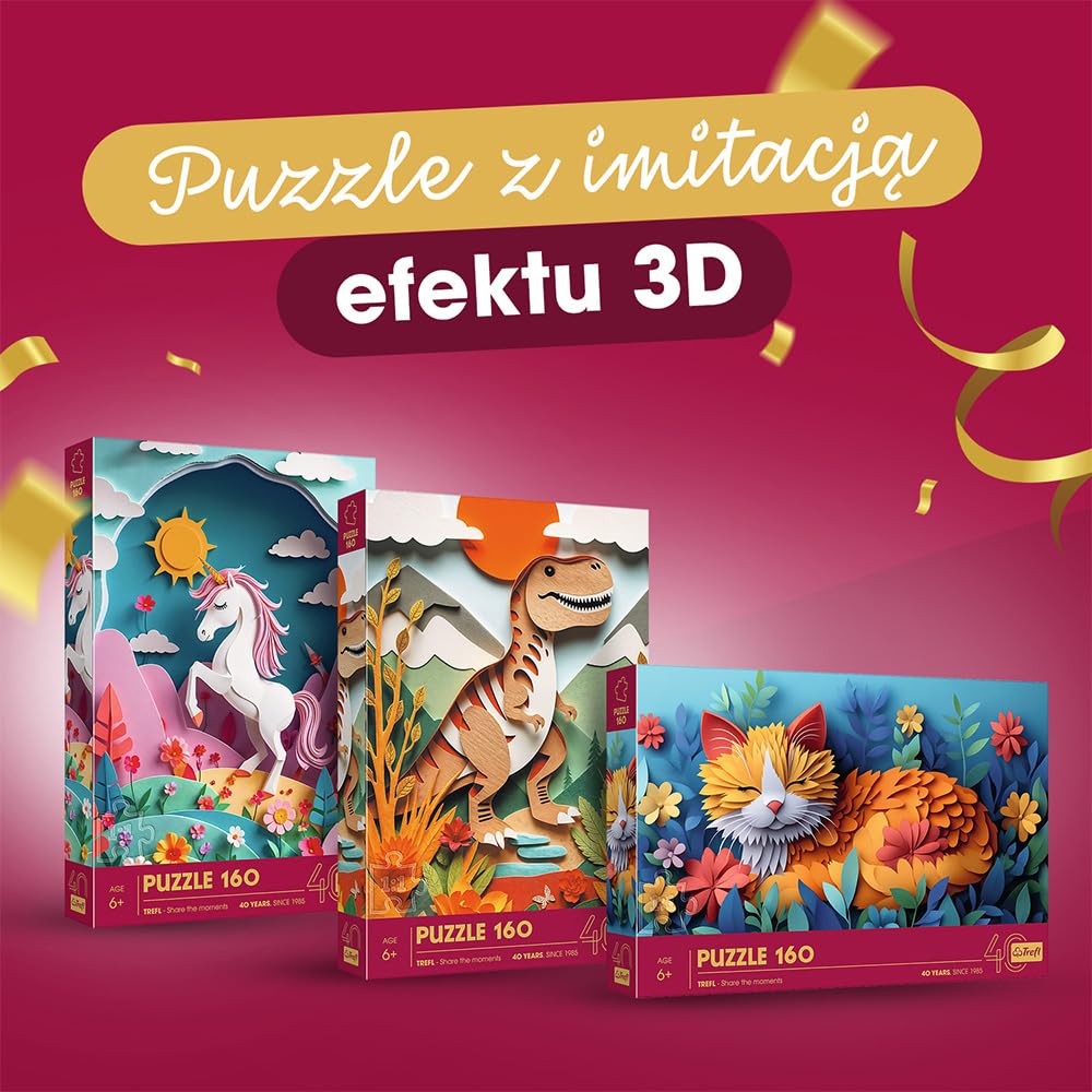 Trefl - Puzzle z Efektem 3D, Dinozaur - 160 Elementów - 40-lecie Trefl, Kolorowe Puzzle ze Zwierzętami, dla Dzieci od 6 lat