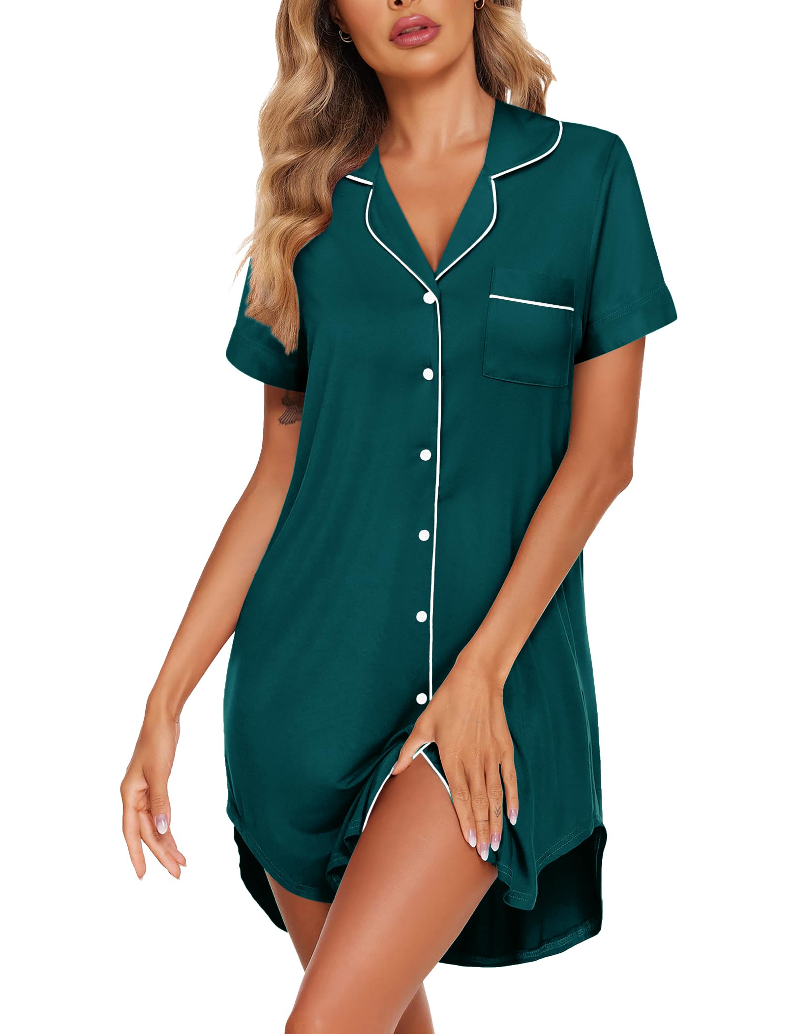 Ekouaer Womens Nightgown Button Down Sleepshirts Short Sleeve Sleepwear Boyfriend Nightshirts Pajama Dress