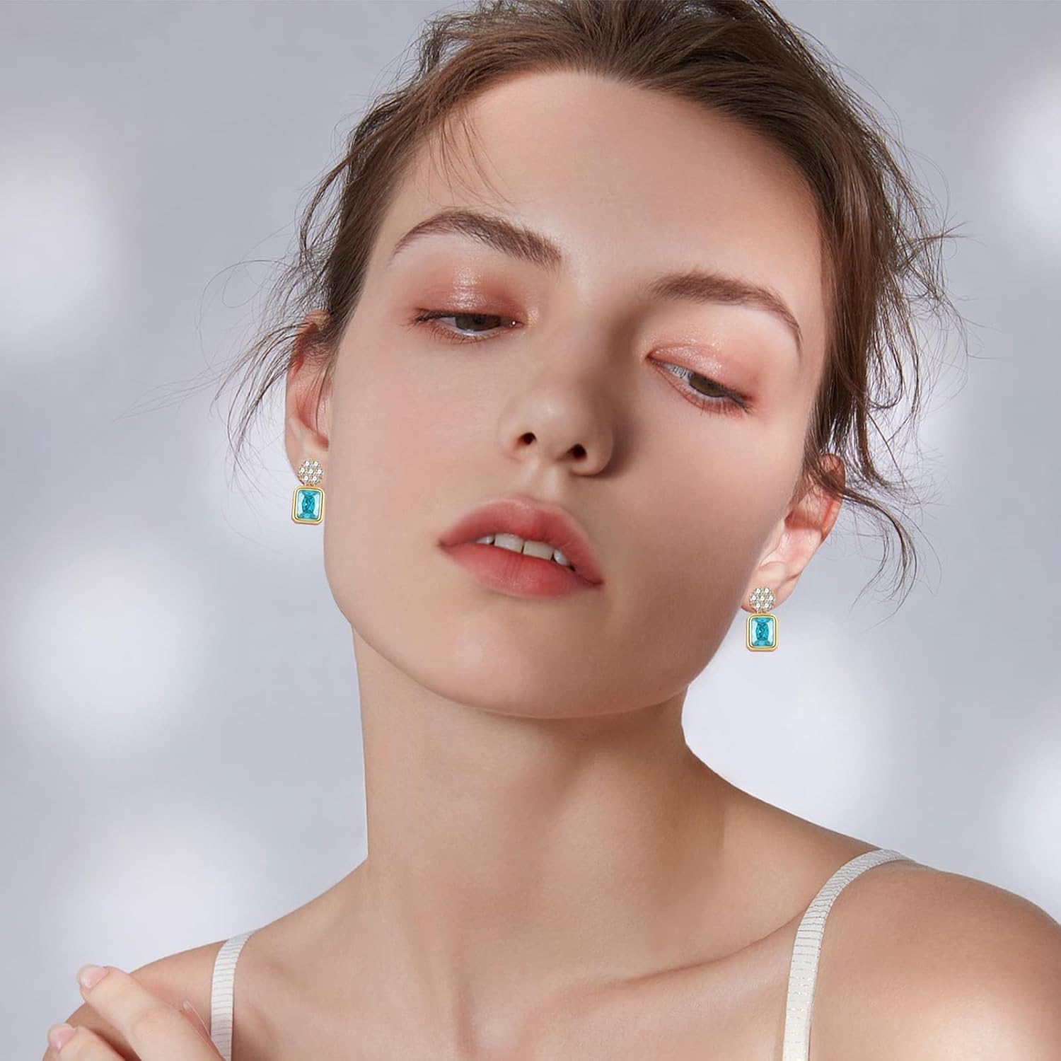 EVEVIC Austrian Crystal Square Drop Flower Studs Earrings for Women 14K Gold Plated Dangle Earring Jewelry Gifts - Image 2