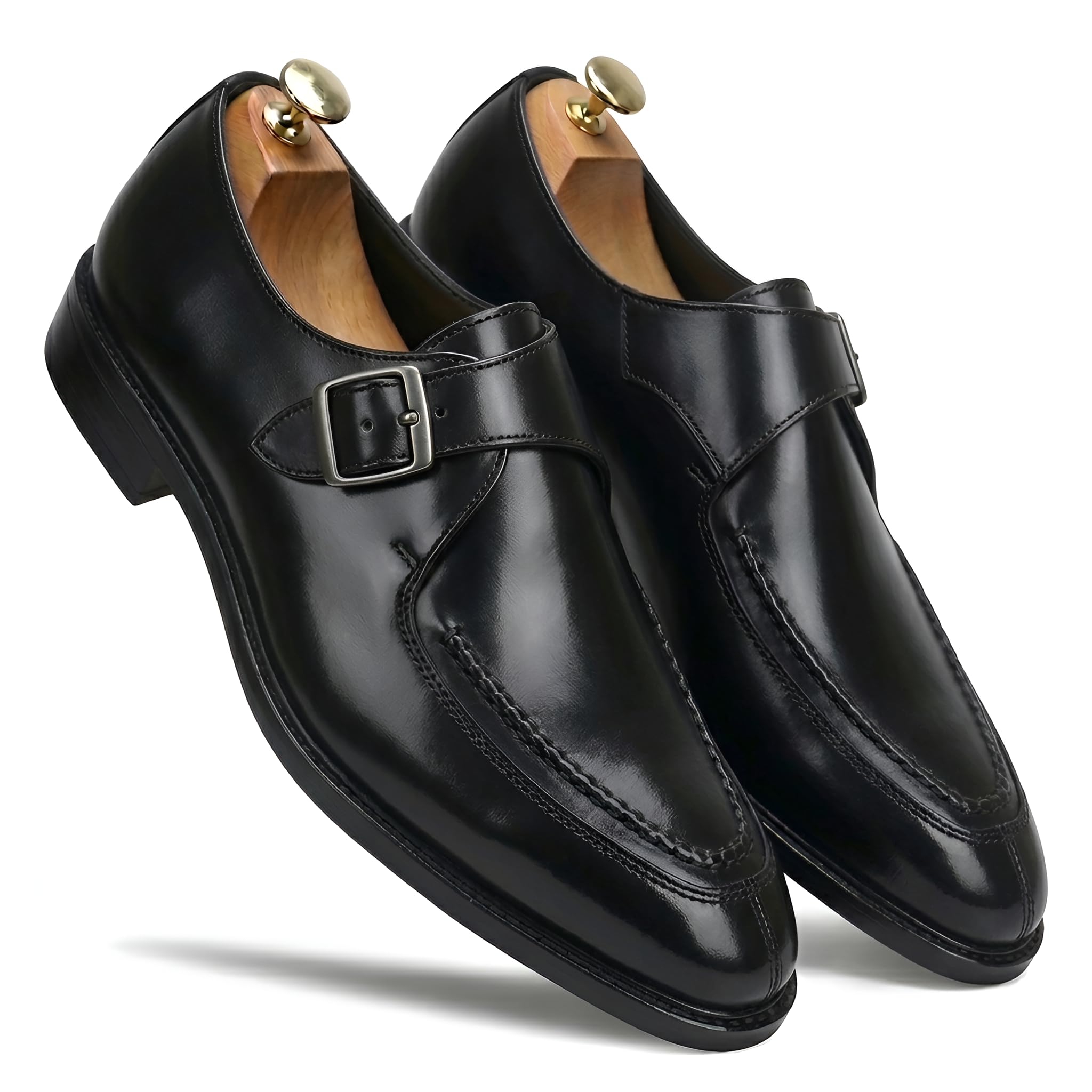tom hendrix Men's Genuine Leather Black Single Monk Strap Formal Shoes | Classic Moc Toe Design with Metal Buckle | Office, Business-picture-54