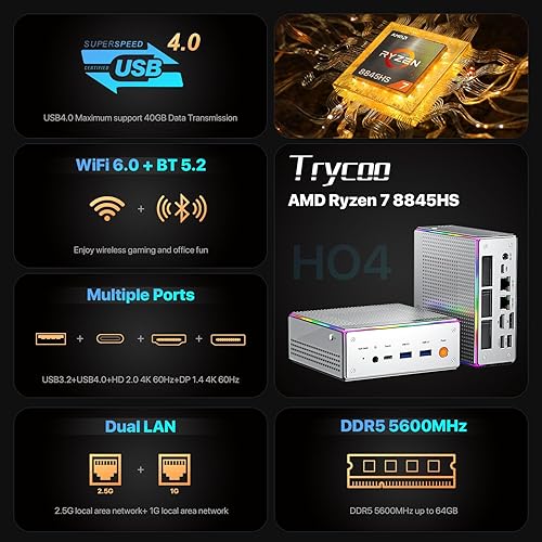 Vista 13 de Trycoo Mini PC AMD Ryzen 5 5500U (4.0GHz) Mini procesadores 16GB DDR4 RAM 512GB SSD Micro PC Soporte 4K @60Hz Salida triple WiFi6 BT5.2 Dual RJ45