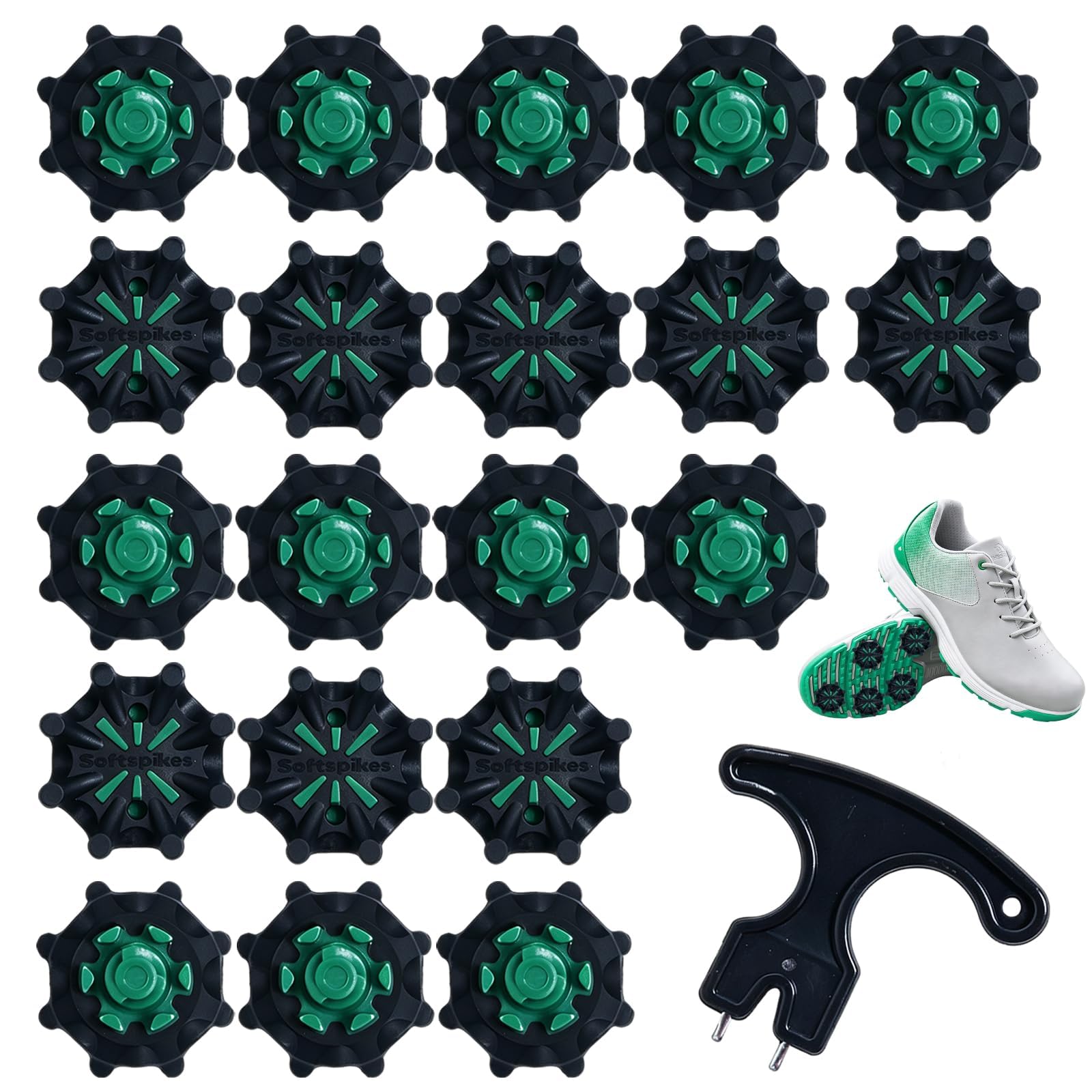 VZU 20Pcs Golf Shoe Spikes Replacement Set with Wrench, Black Green Soft Spikes Compatible with FootJoy Fast Twist 3.0 System, Stable Traction & Easy Installation