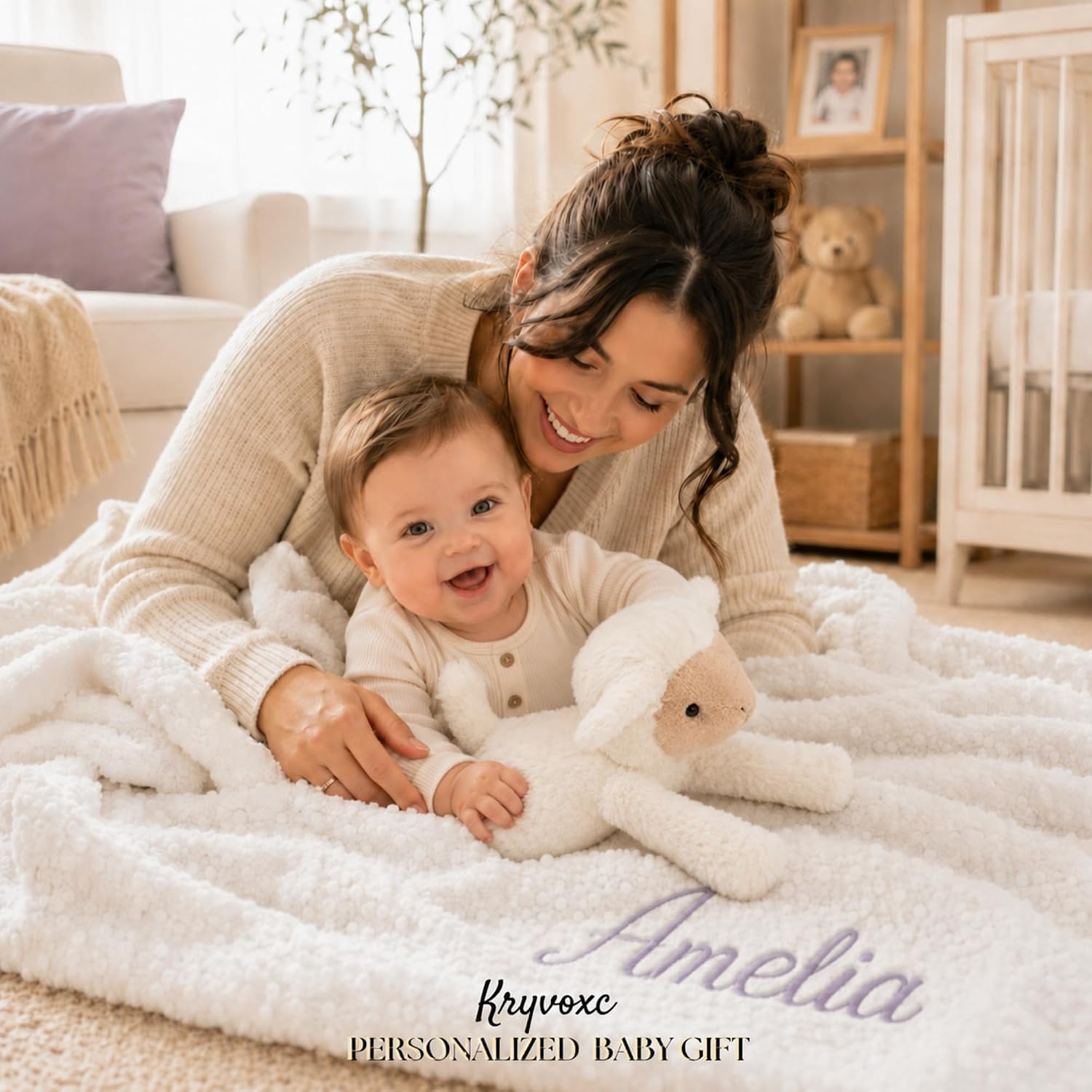Personalized Baby Blanket with Optional Sheep Plush, Custom Minky Dot Blanket with Embroidered Name, Personalized 2-in-1 Infant Gift Set for Boys Girls Showering, Birthday(30"x40")
