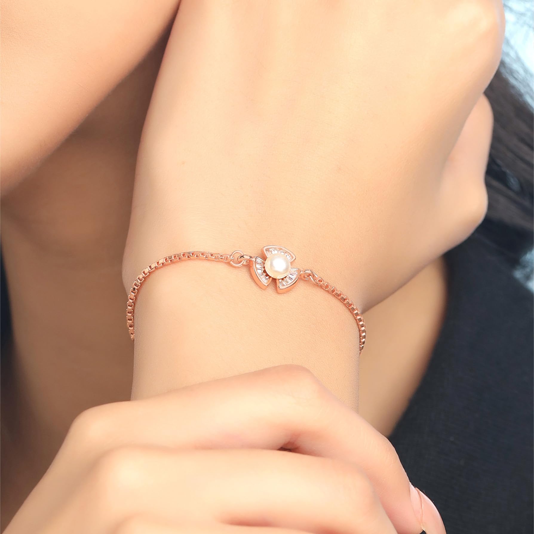 Pearl Bracelet Plated Chain Floral - Anniversary Gift For Wife