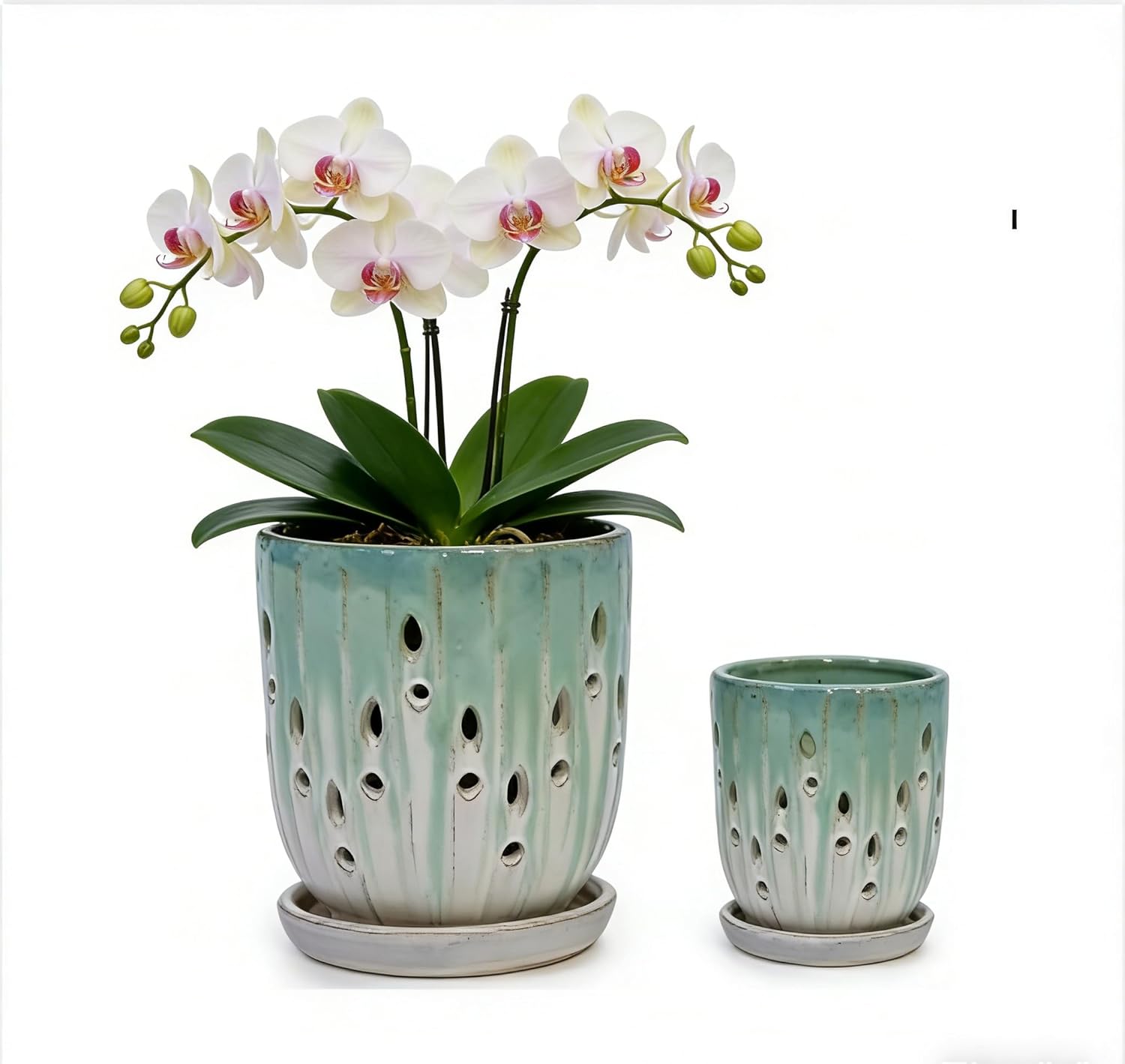 Set of 2 Ceramic Orchid Pots, 7.48 + 5.51 Inch Plant Pots with Drainage Holes and Attached Saucers, Hollow-Out Planter Indoor for Tabletop Windowsill - White Green
