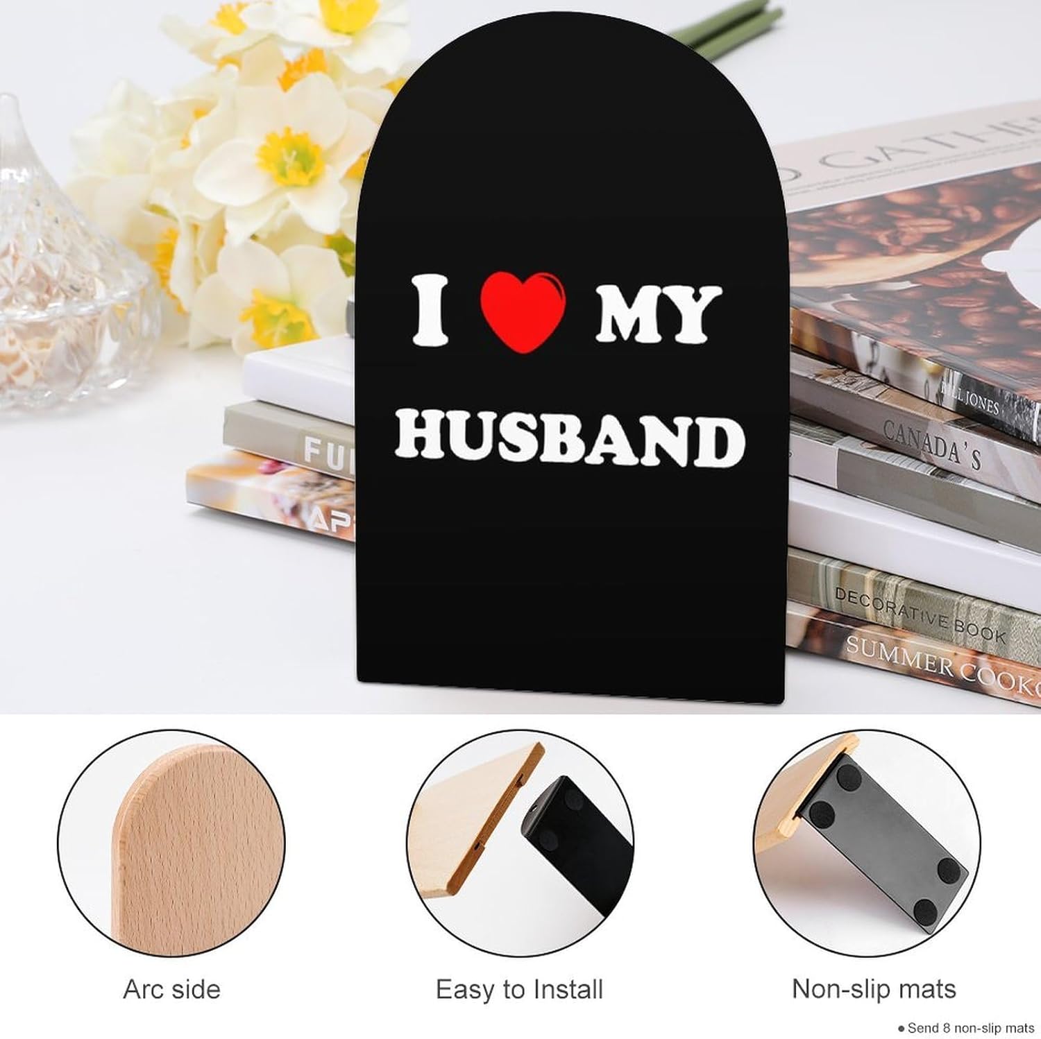 I Love My Husband Cute Wood Book Ends Decorative Bookends 1 Pair Non-Skid for Shelves Home Office 7 X 5 Inch