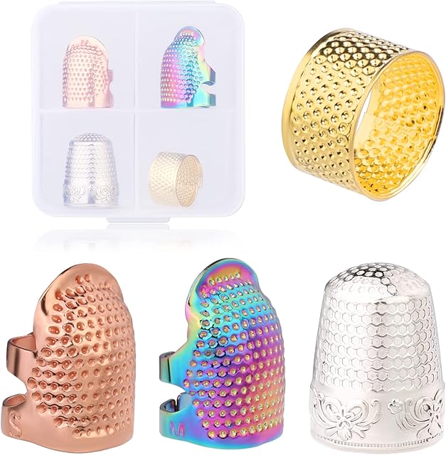 4 Pcs Sewing Thimble, Thimbles for Hand Sewing, Different Models Metal Thimble, Adjustable Finger Shield Ring, Durable and Sturdy Fingertip Thimble, Sewing Quilting Craft Accessories DIY Sewing Tools