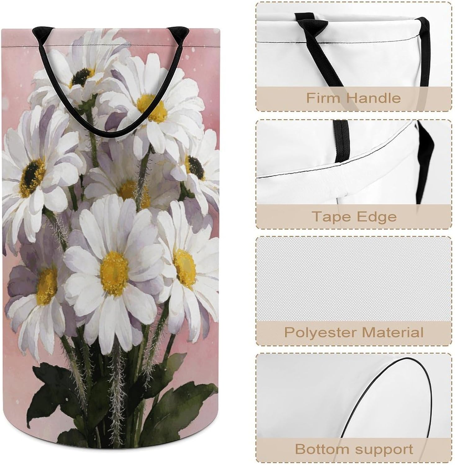 White Daisy Watercolor Floral Laundry Hamper with Handles Waterproof Collapsible Laundry Basket Large Lightweight Round Dirty Clothes Hamper for Home Dorm Bathroom Decor
