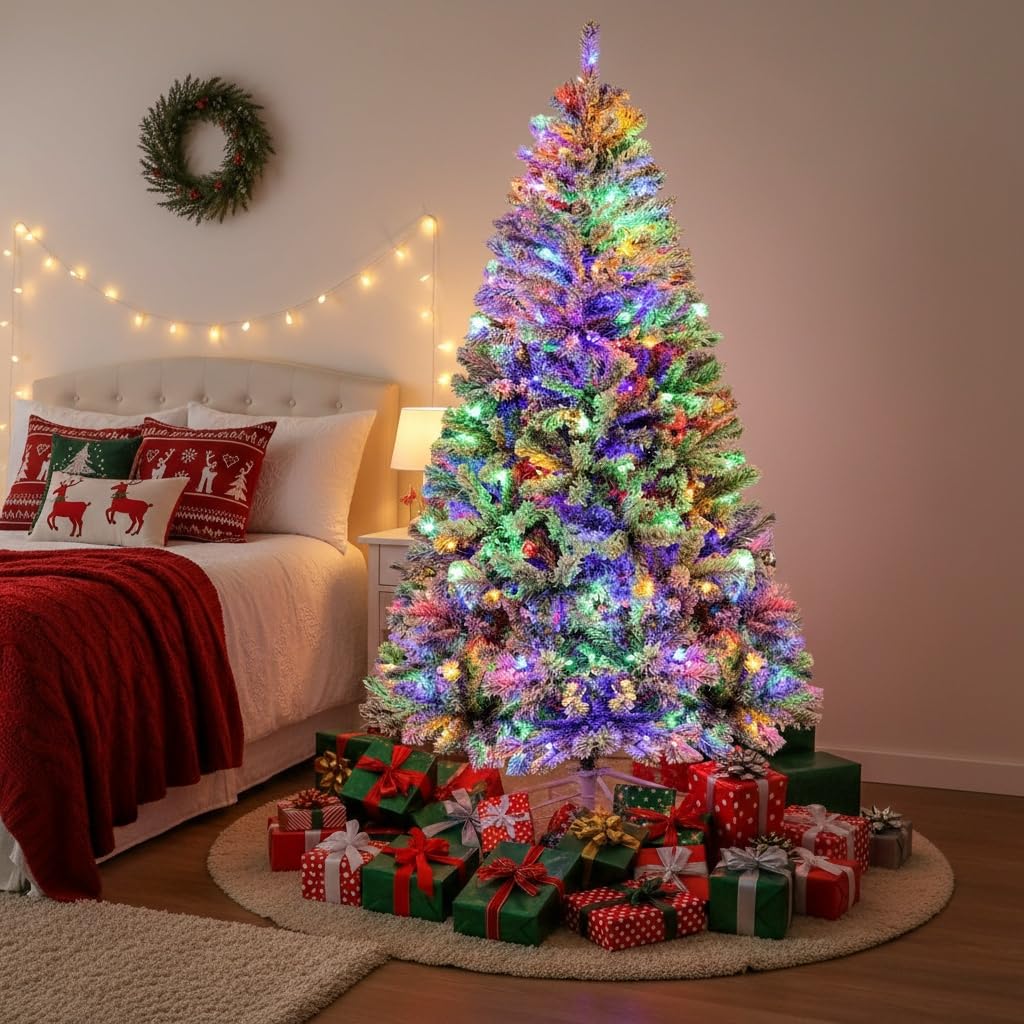 Himimi Snow Flocked Christmas Tree 6ft, Pre Lit Snowy Christmas Tree with Multicolor LED Lights, Bushy 1000 Branch Tips, Frosted Artificial Xmas Tree with Metal Stand, Home Office Holiday Winter Décor