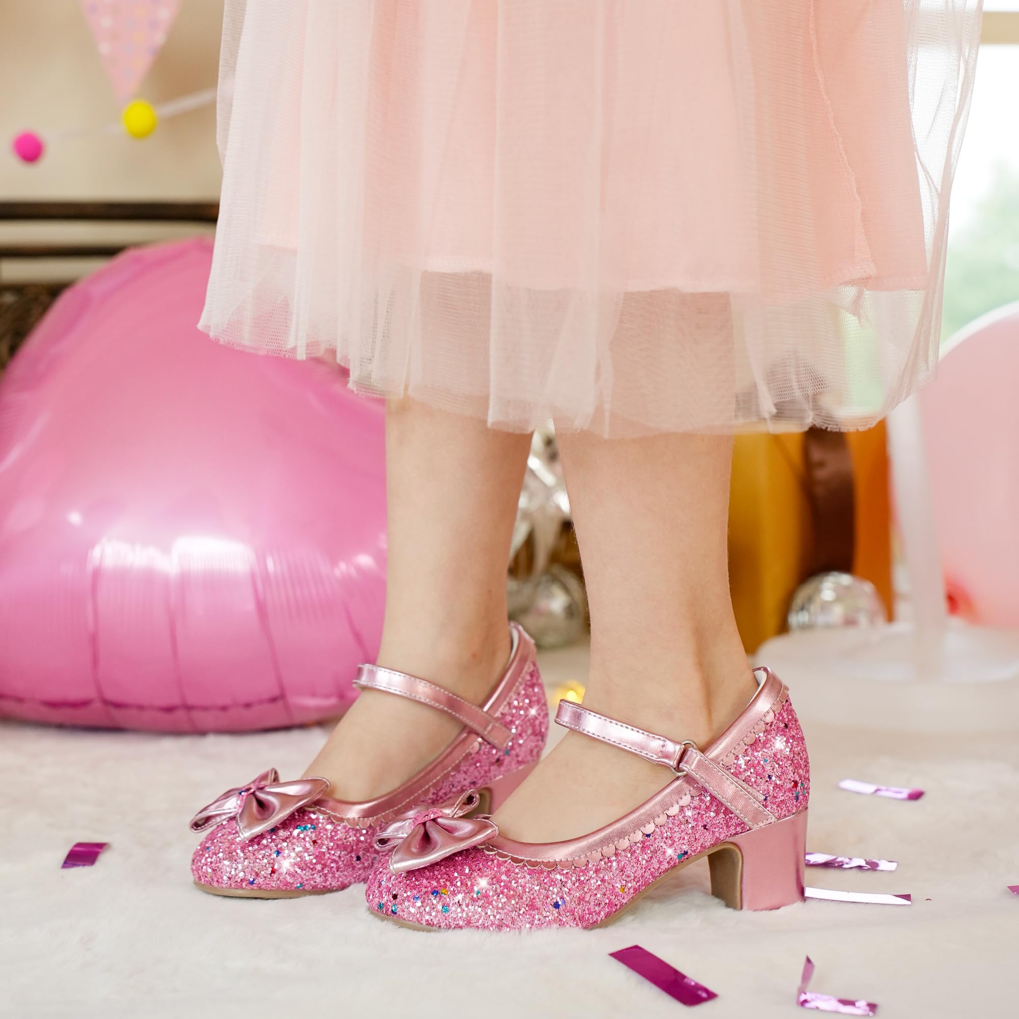 LAURMOSA Glitzer Prinzessin Schuhe Mädchen Mary Jane Riemchen Pumps mit Schleife Stöckelschuhe Kinder Party Hochzeit Geburtstag