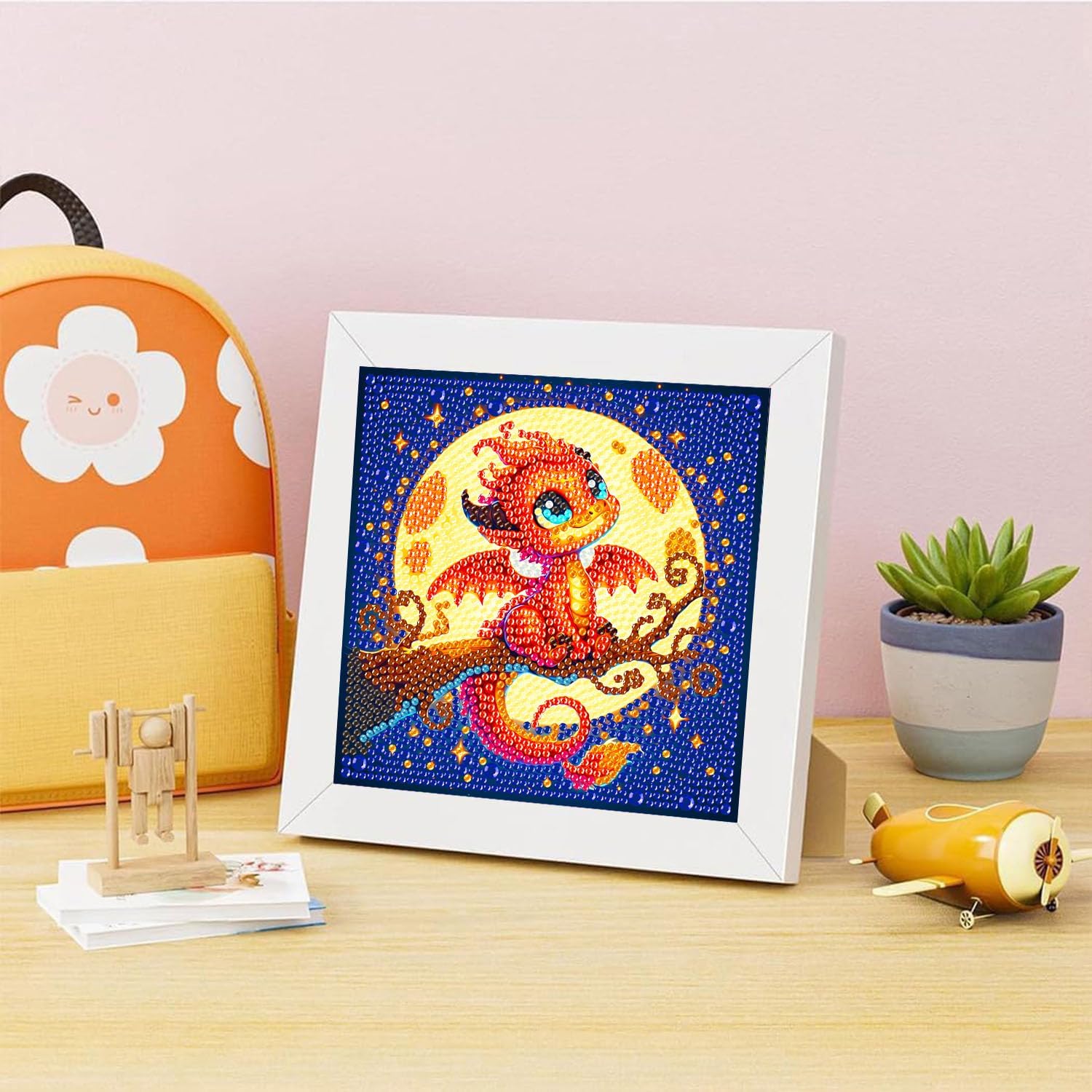 igoodom Dragon Diamond Art Kits for Kids with Frame, Dragon Small Diamond Painting Kit, DIY Big Gem Art and Crafts for Kids Ages 4-8-12 for Decor Gift 6x6 Inch