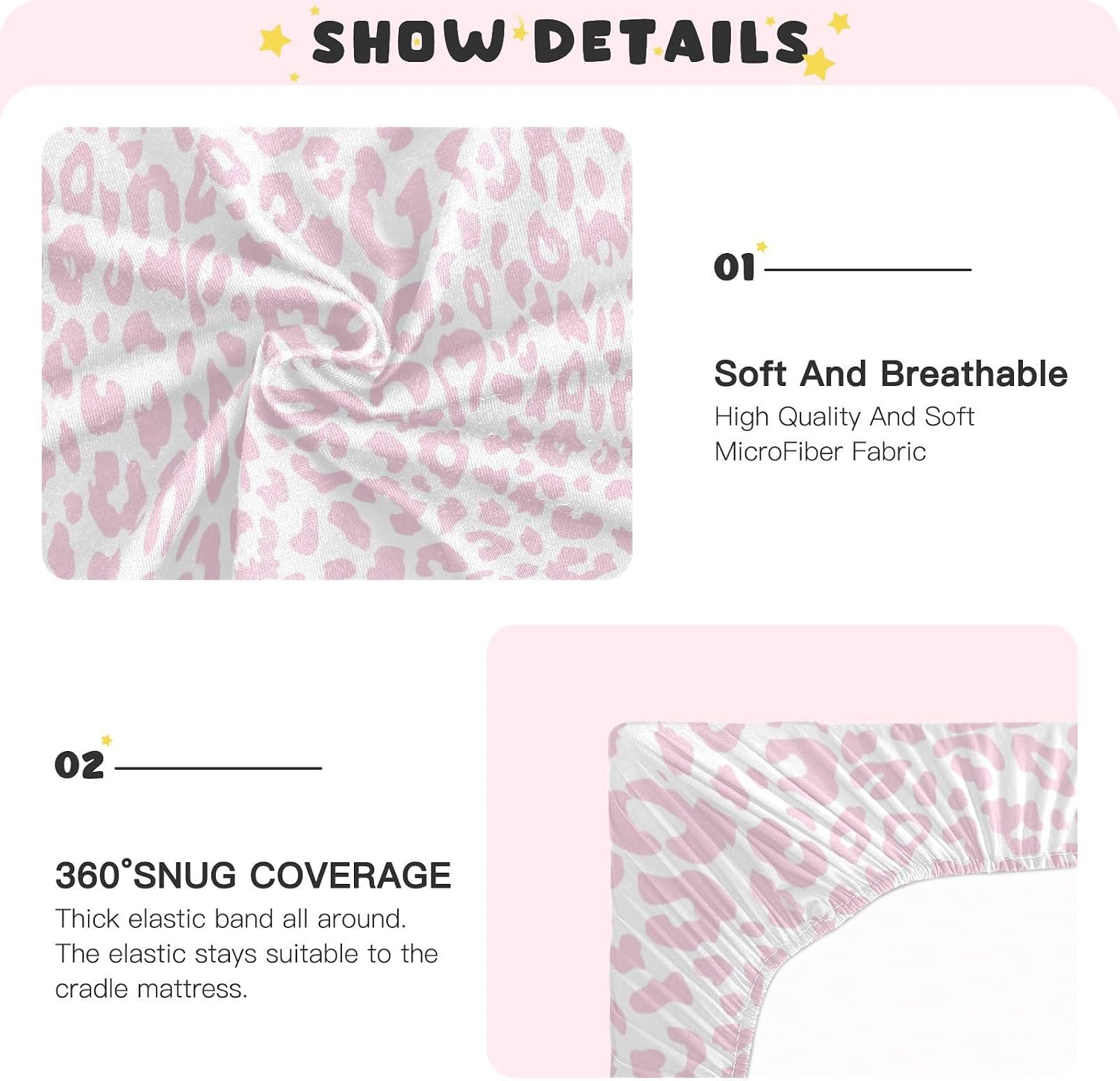 Pink Leopard Print Baby Crib Sheets Cheetah Animal Skin Daesign Pattern Playard Sheets Toddler Bed Sheets Funny Fitted Mini Crib Mattress Cover for Unisex Boys Girl 27x39 Inch