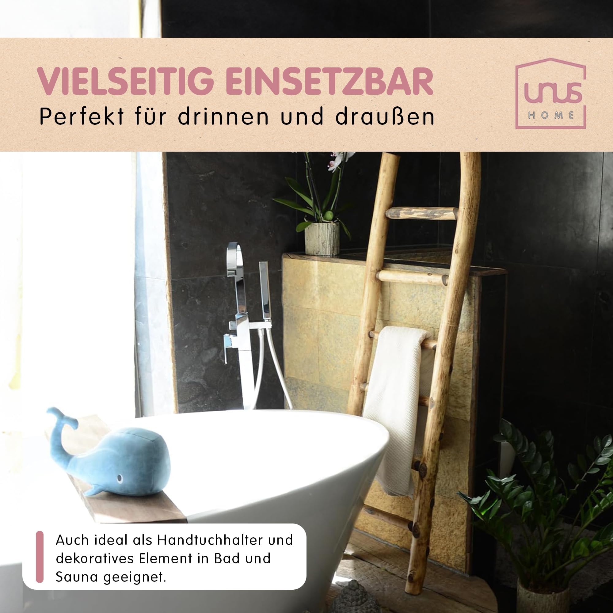 UNUS Scaletta portasciugamani in legno, scala decorativa per bagno, grigio, 150 x 40 cm, 5 pioli