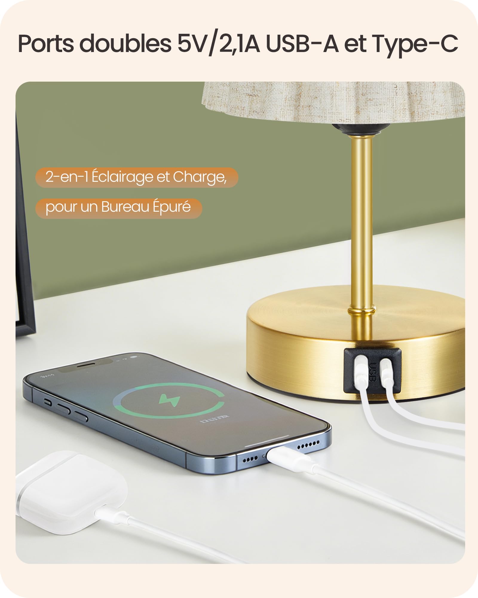 Petite Lampe de Chevet Tactile Dimmable avec USB, Lot de 2