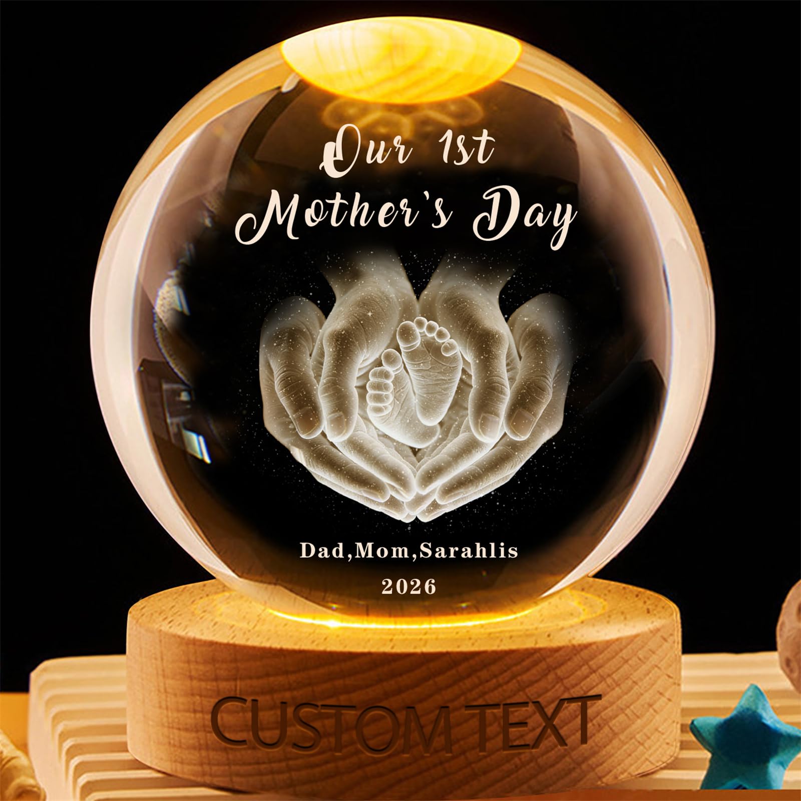 Wasetell Personalized Mom and Kid Crystal Ball Lamp Custom Our 1st Mother's Day Crystal Ball Night Light 3D Family Glass Globe LED Night Light Family Keepsake for Dad Mom Birthday Christmas