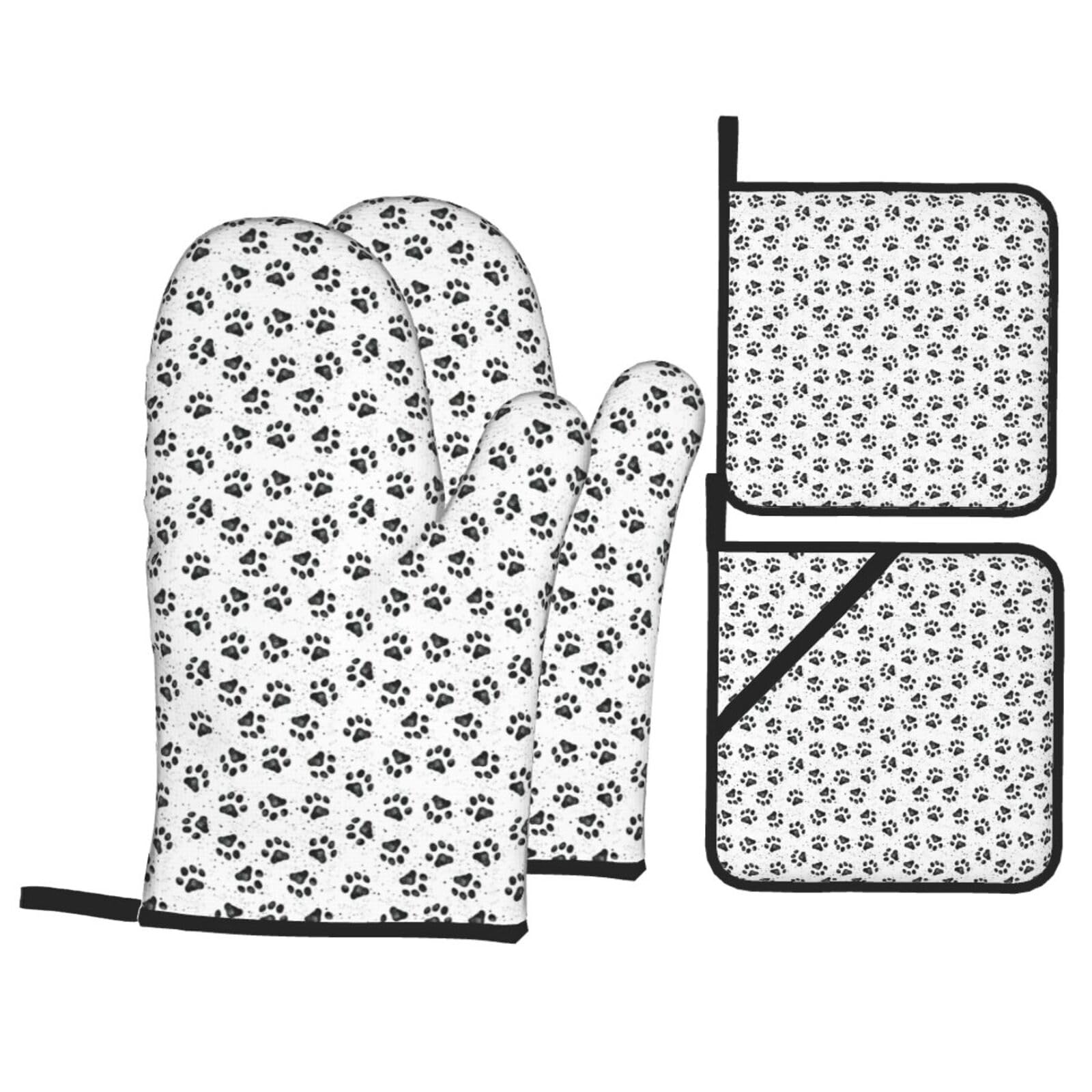 Nimongt Black Dog Paw Pattern Print Heat-Resistant 4-Piece Oven Kitchen Gloves For Baking Cooking Microwaving Essentials