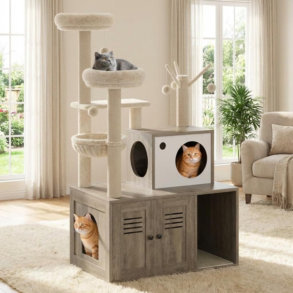 55in Modern Wooden Cat Tower with with Litter Box, Vintage Cat Tree with Condo & Scratching, Multi-Level Cozy Plush Cat Condo with Food Station & Storage- Wide Base for Indoor, Grey