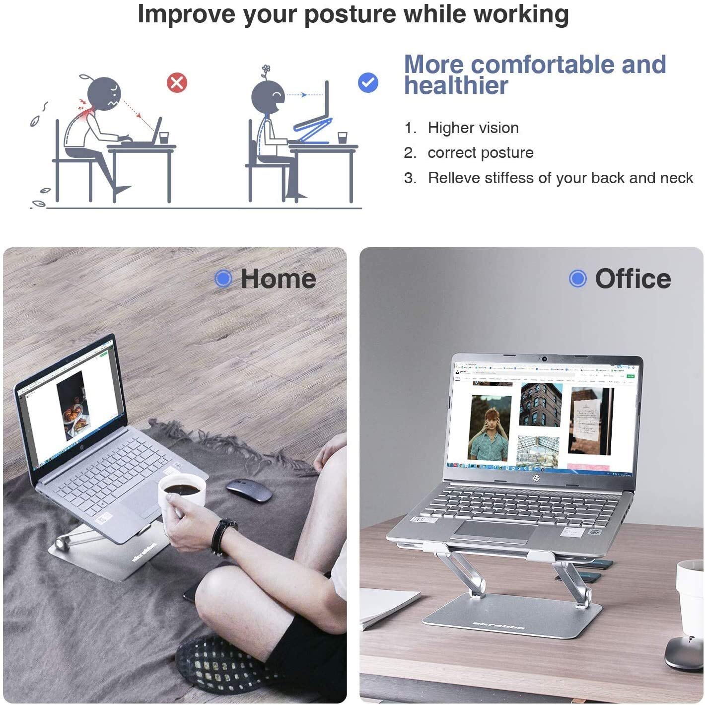 Supporto per laptop da scrivania Supporto per laptop, supporto per laptop EPN con sfiato di calore per elevare il laptop, supporto per laptop da scrivania ergonomico regolabile con silicone a prova di