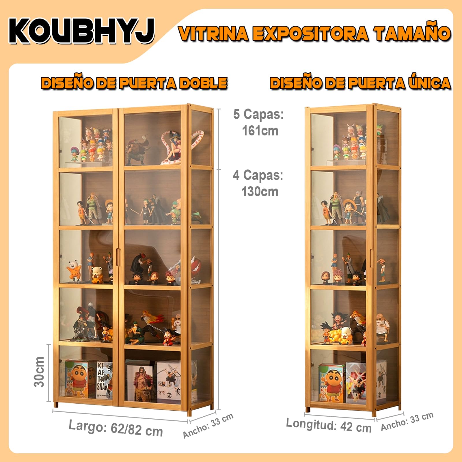 Vitrina Expositora, Multifuncional de Vidrio a Prueba de Polvo, Diseño de Puerta de Gabinete con Solapa, Vitrina Cristal para Dormitorios, Salas de Estar, 42x33x130cm Color de la Madera