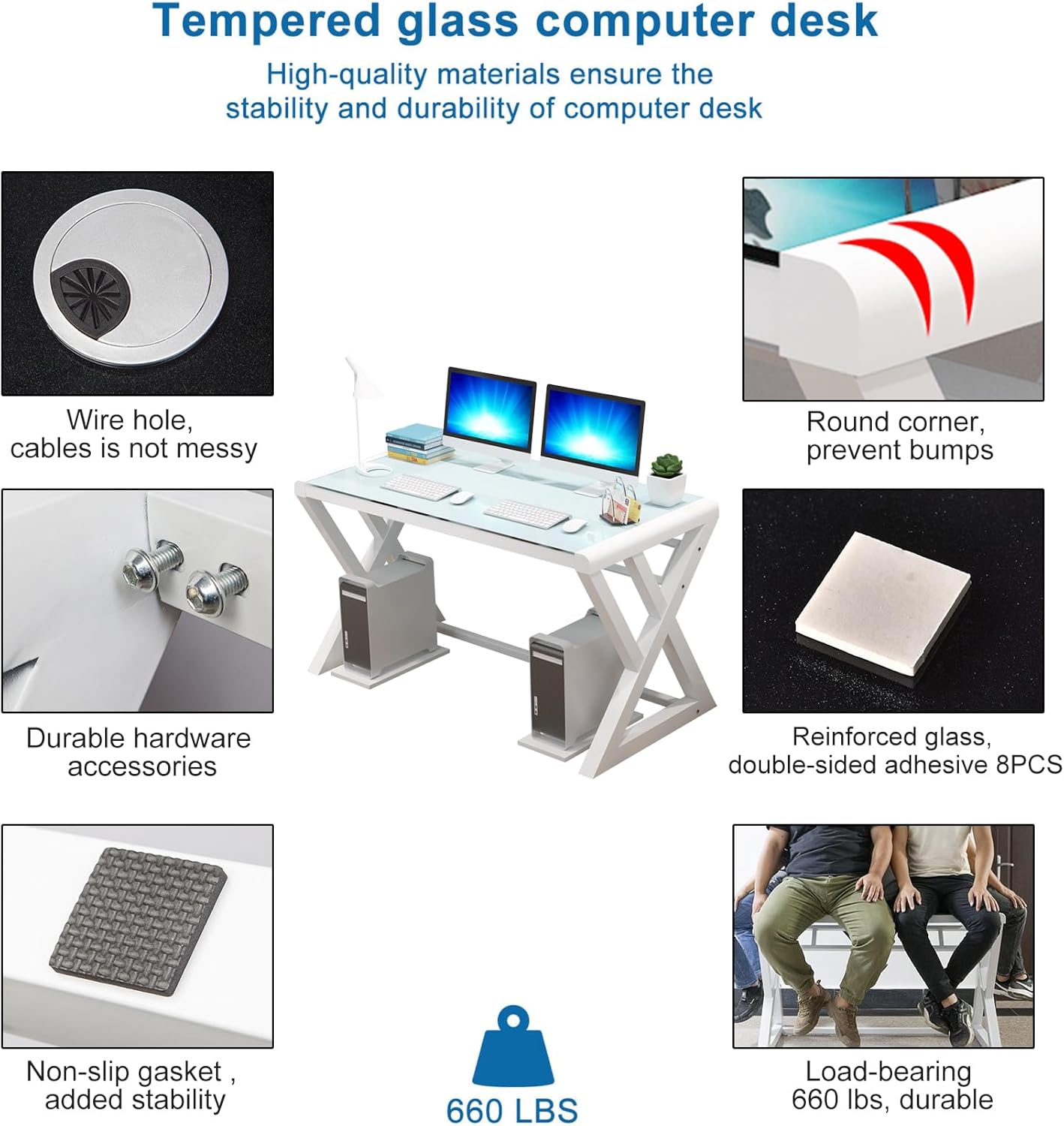 IPKIG Tempered Glass Computer Desk, Modern Study Office Desk with Metal Frame and Glass Top, Writing Study Desk Table, Gaming Desk for Home Office Workstation (White, 55.1 Inch)