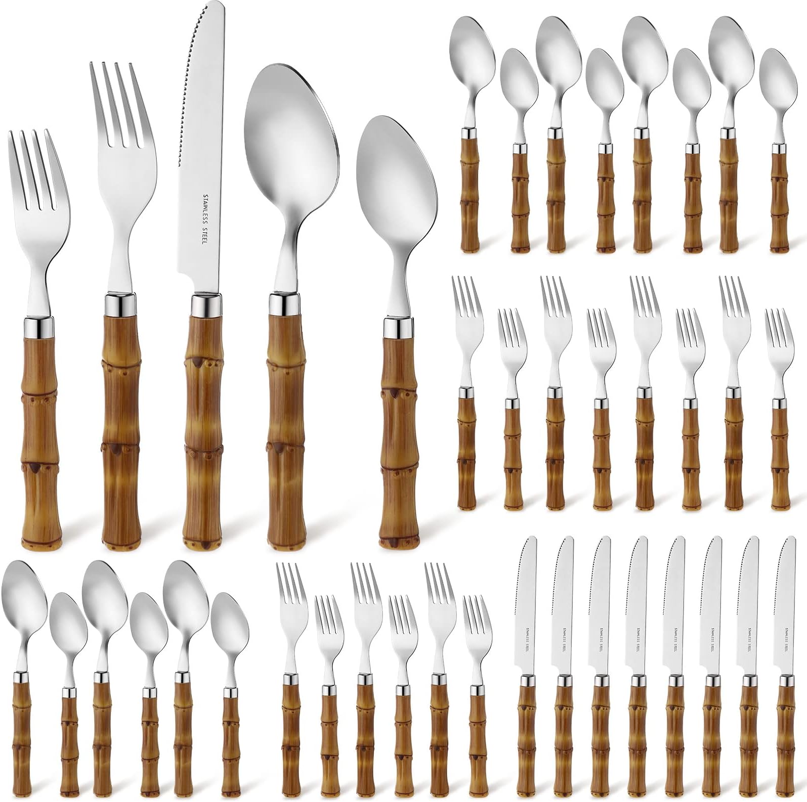 Coume40 Pcs Bamboo Flatware Set for 8 Bamboo Utensils Bamboo Cutlery Bamboo Silverware Stainless Steel Tableware Spoons Forks Knife Set with Plastic Handle