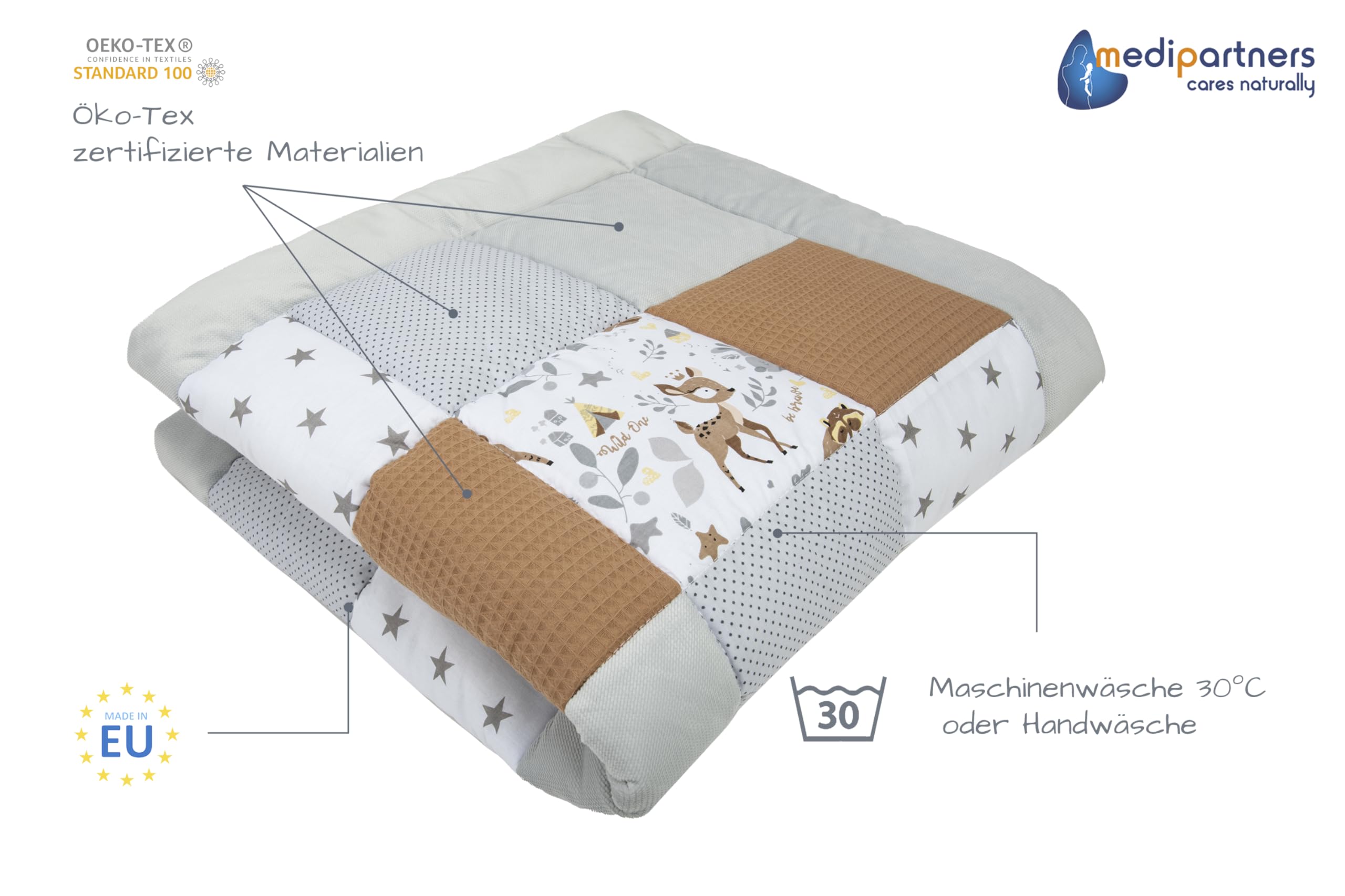 Medi Partners Krabbeldecke für Baby Spielmatte 100% Baumwolle Krabbelmatte - 120x120cm Krabbeldeck Dick Weich Decke Laufgittereinlage Babydecke Minky Waffel Spielbogen (REH)