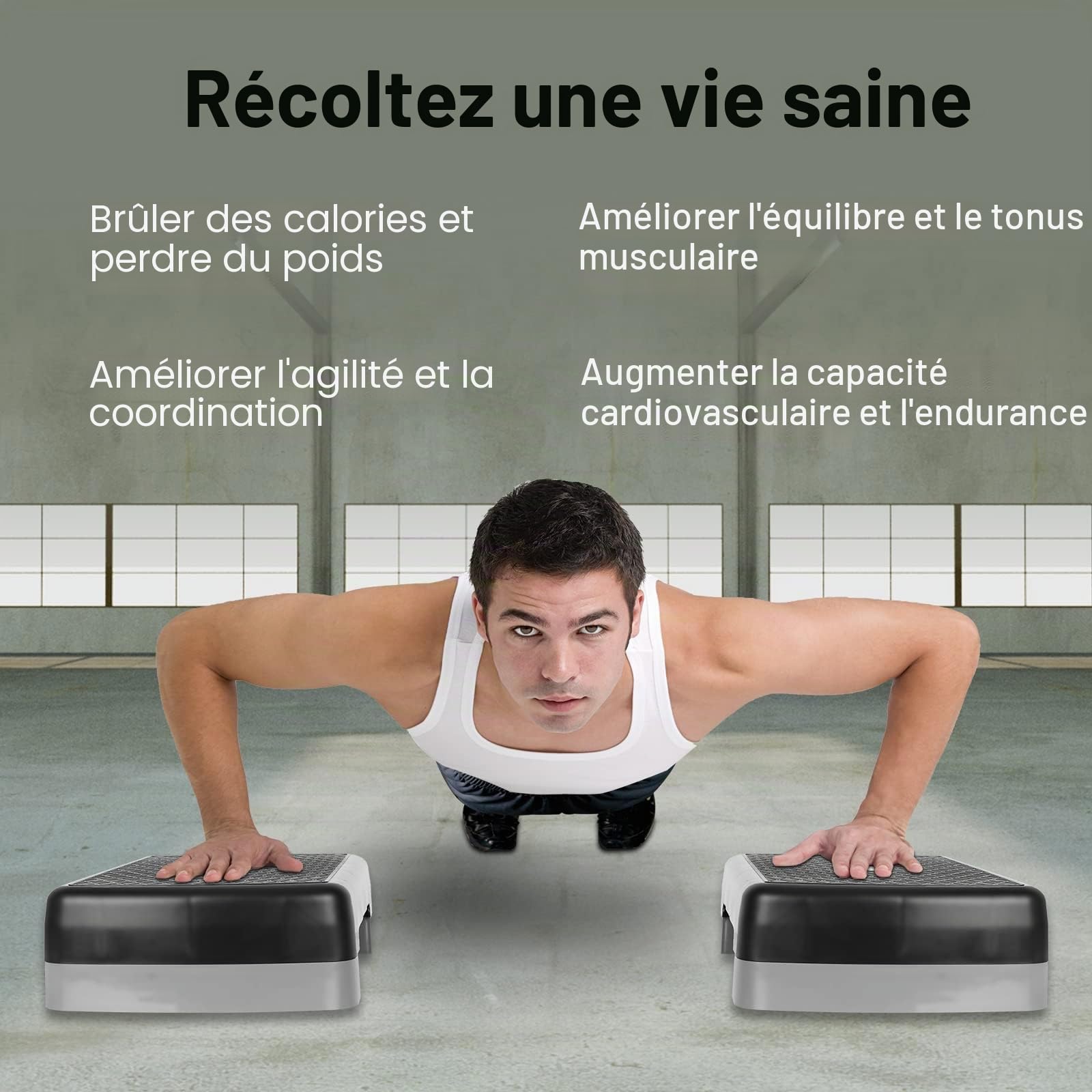 Stepper à 2 niveaux réglables en hauteur pour entraînement aérobic et fitness avec 2 rehausseurs réglables de 10 cm à 15 cm