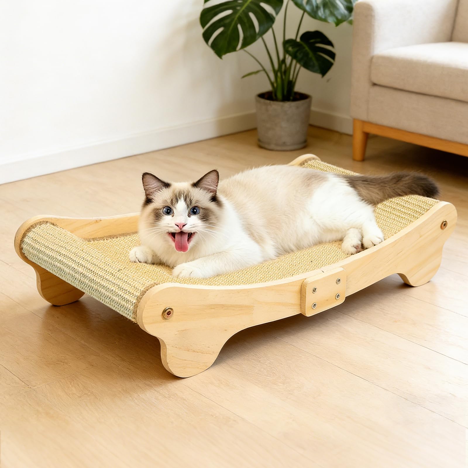DONWEI Sisal Cat Scratcher Bed, Sisal Pad Cat Scratching Board, Solid Wood Scratch Lounger Chair for Indoor Cats, Kitten Sleeping Nest Bed, Large Size, Beige