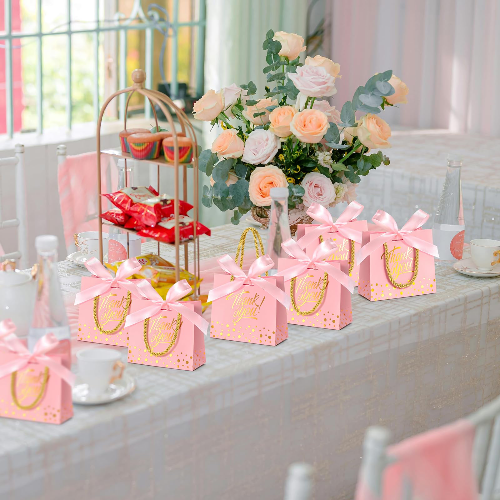 EQOREIIN 50 sztuk małych torebek na prezenty z podziękowaniami z uchwytami 14 x 6 x 11 cm mini torby na prezenty luzem, papierowe torby na prezenty na Dzień Matki, baby shower, ślub